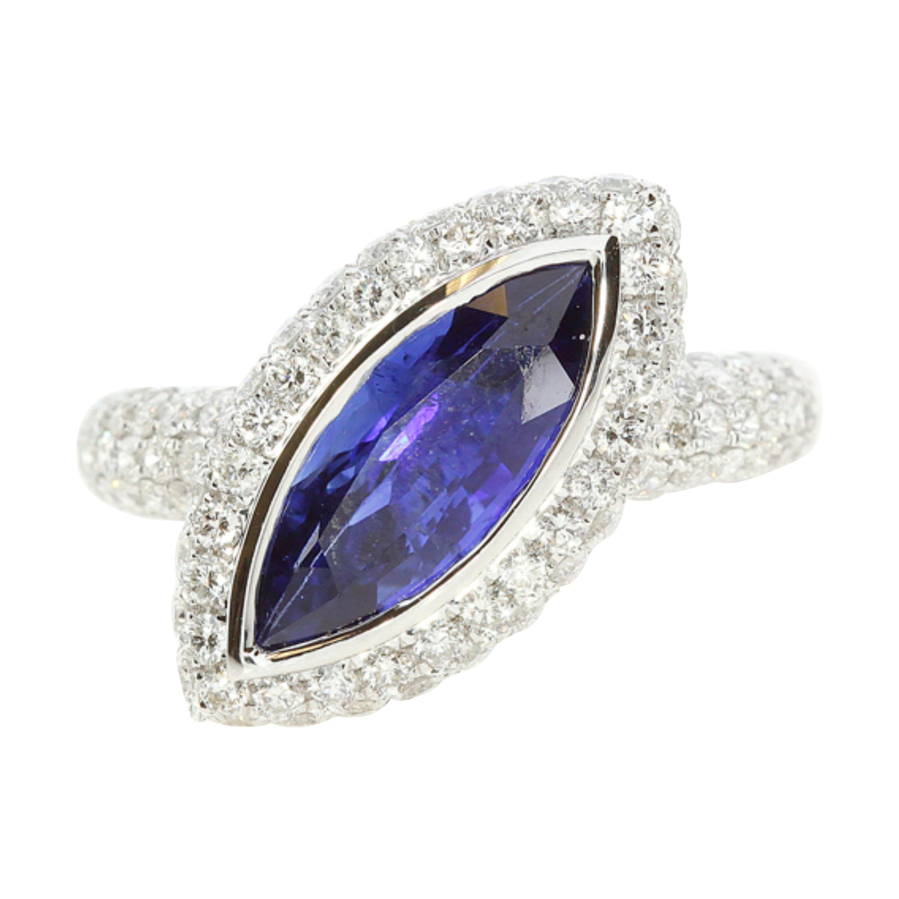 3.5 Carat Blue Sapphire Marquise Ring with White Diamonds