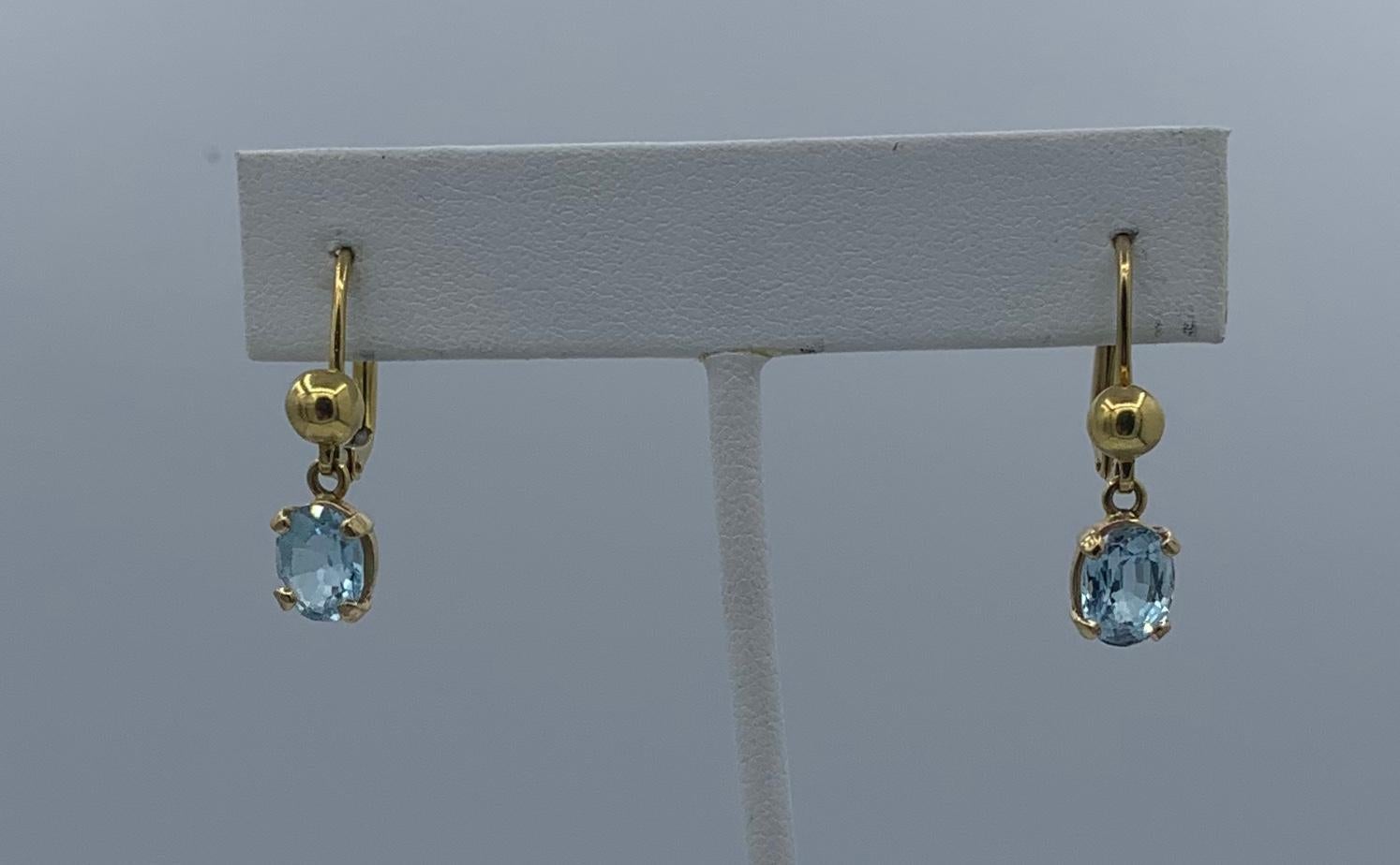 Women's 3.5 Carat Blue Topaz Dangle Earrings 14 Karat Gold Mid-Century Lever Backs