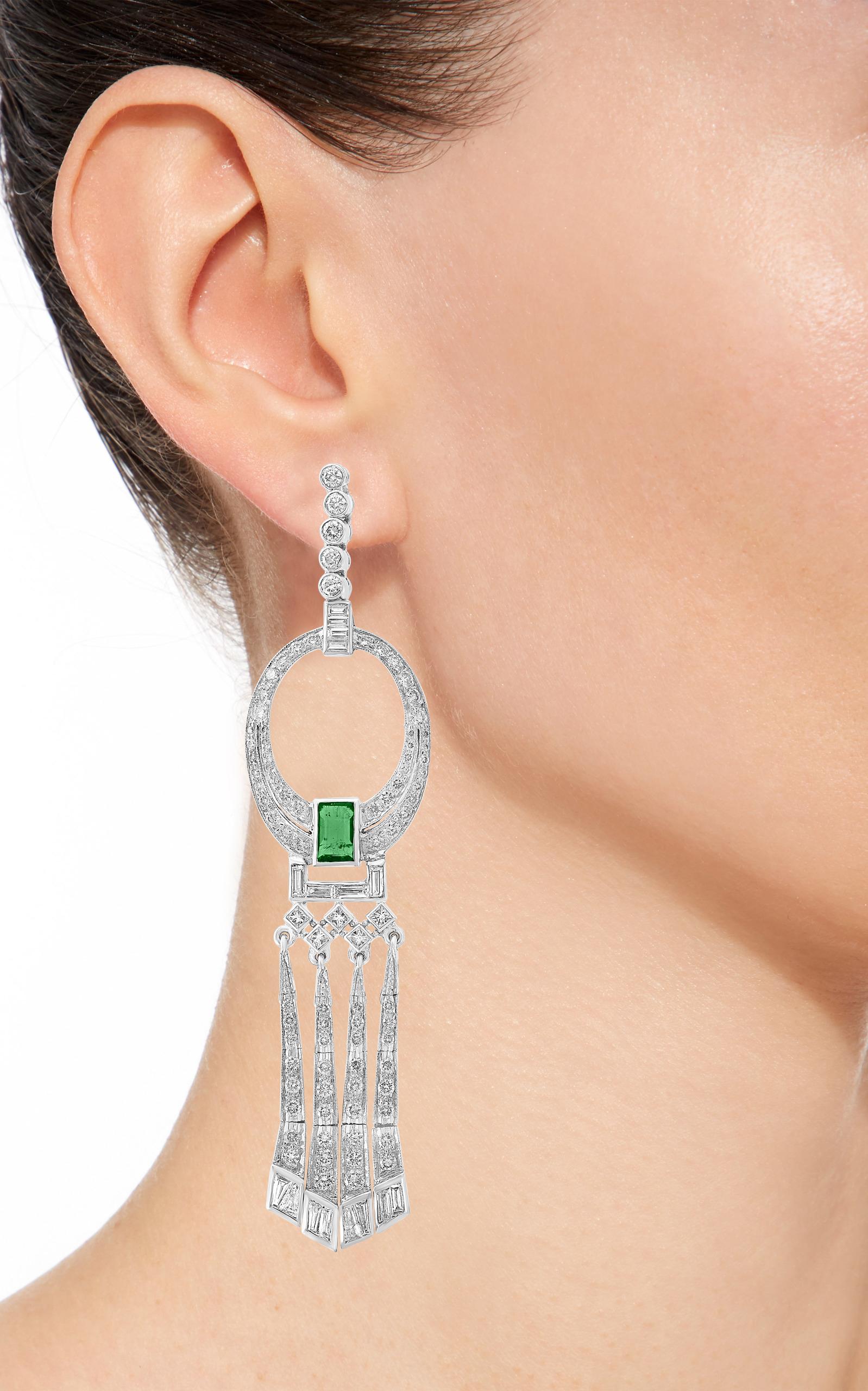 Women's 2 Carat Colombian Emerald Cut Emerald Diamond  Drop / Cocktail Earrings Platinum For Sale