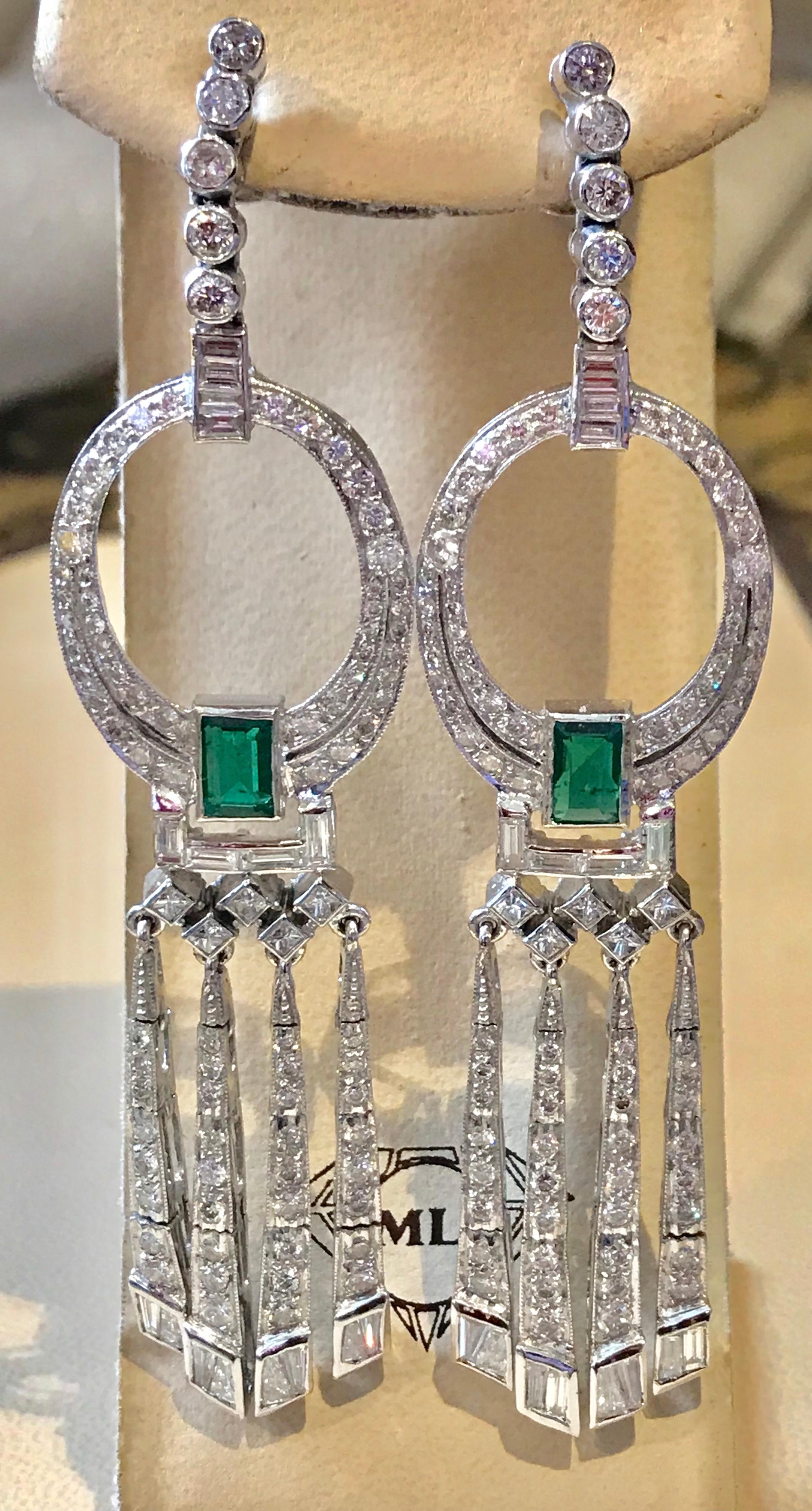 2 Carat Colombian Emerald Cut Emerald Diamond  Drop / Cocktail Earrings Platinum For Sale 7