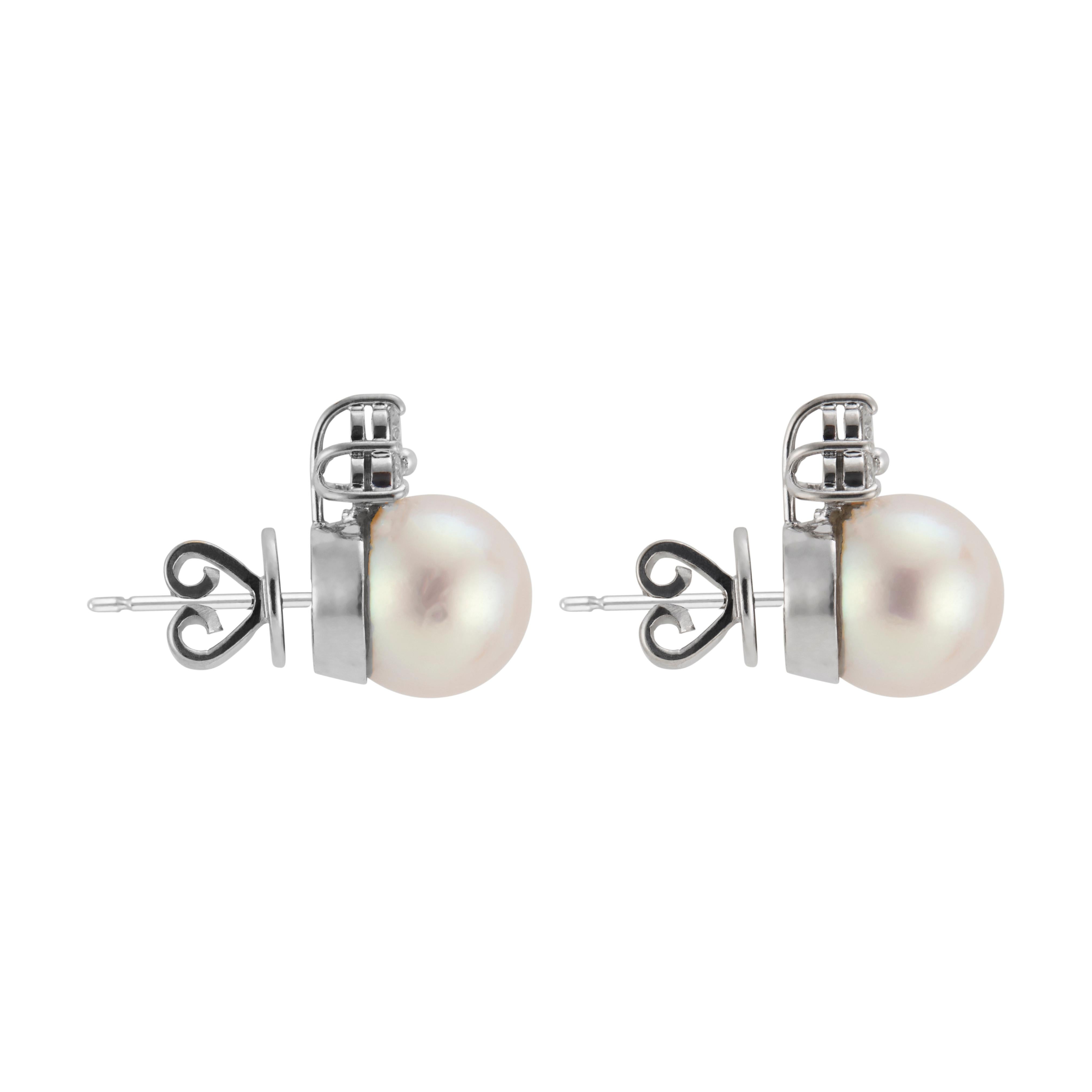 Round Cut .35 Carat Diamond Akoya Pearl White Gold Mid-Century Earrings For Sale