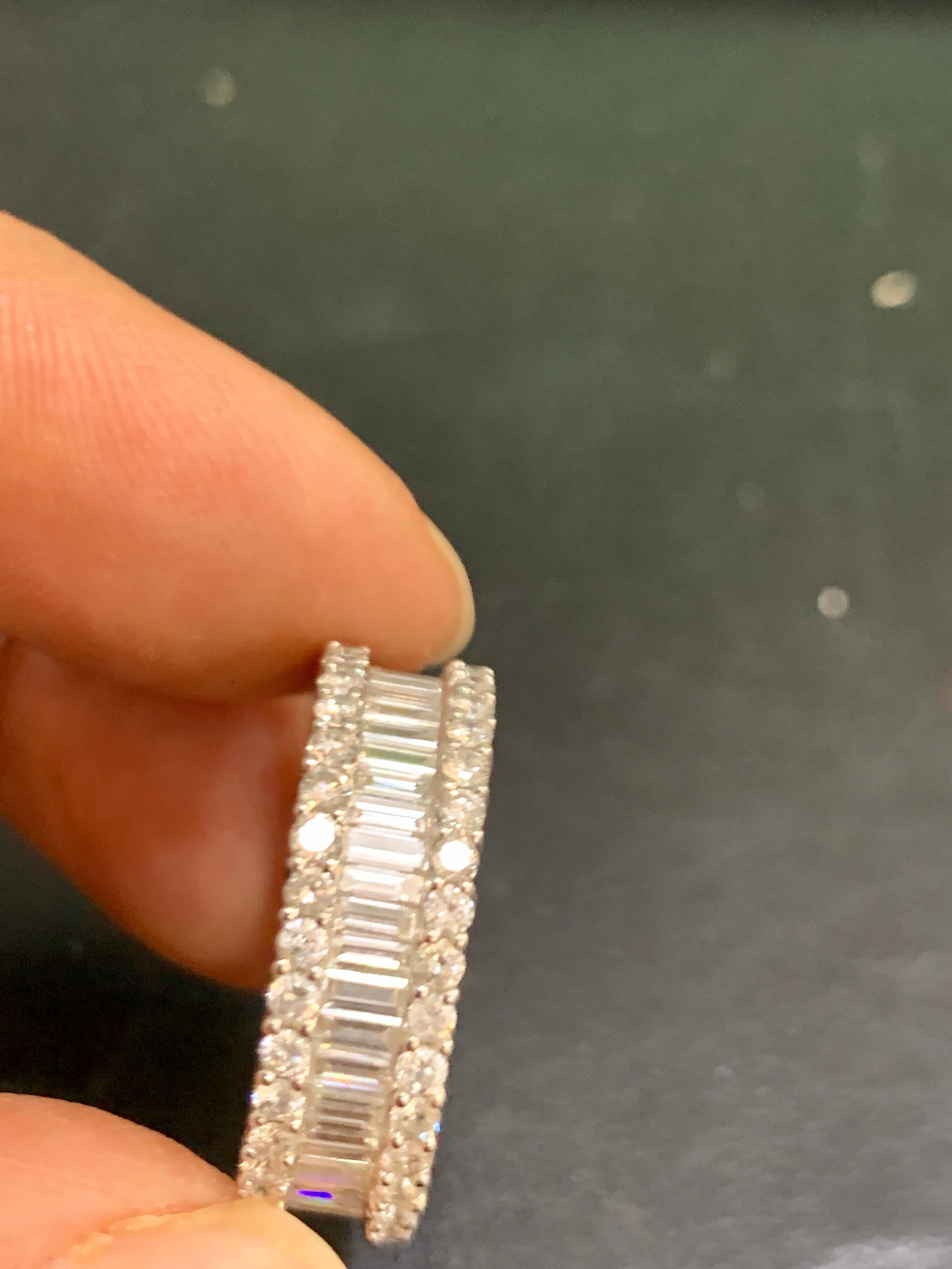 3.5 Carat Diamond Eternity Band 18 Karat White Gold 3 Row Band Baguettes & Round In Excellent Condition In New York, NY