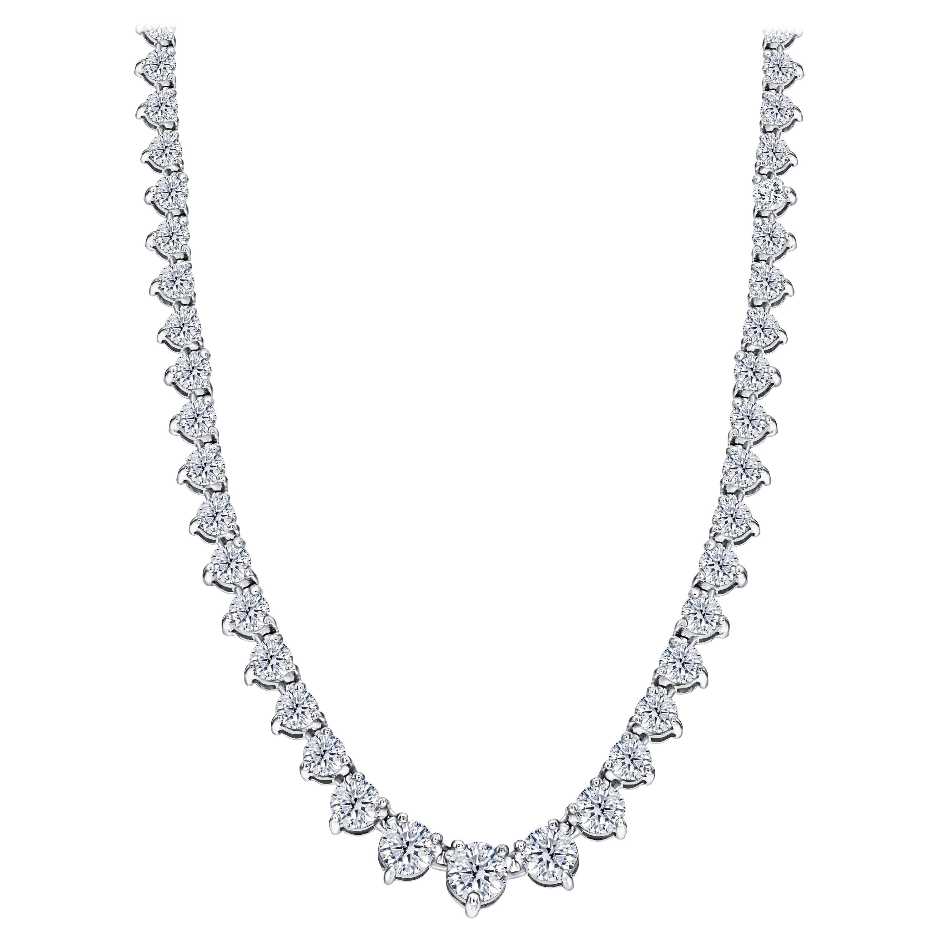 35 Carat Diamond Riviera Three Claws 18 Karat White Gold Tennis Line Necklace For Sale