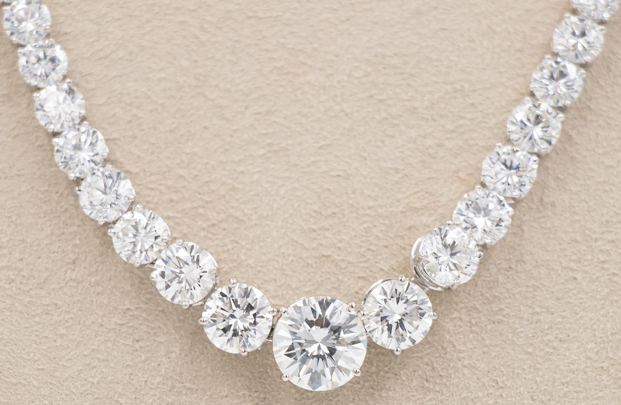 Round Cut 35 Carat Diamond Riviere Necklace, GIA Certified, Graduated Round Brilliants
