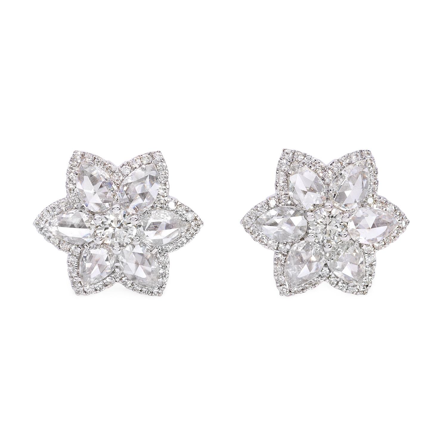 Women's or Men's 3.5 Carat Diamond Rose Cut and Round Brilliant Floral Diamond Studs For Sale