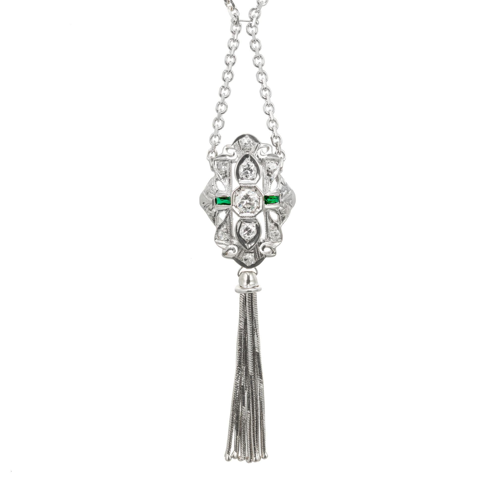 Round Cut .35 Carat Diamond Synthetic Emerald Gold Tassel Pendant Necklace For Sale