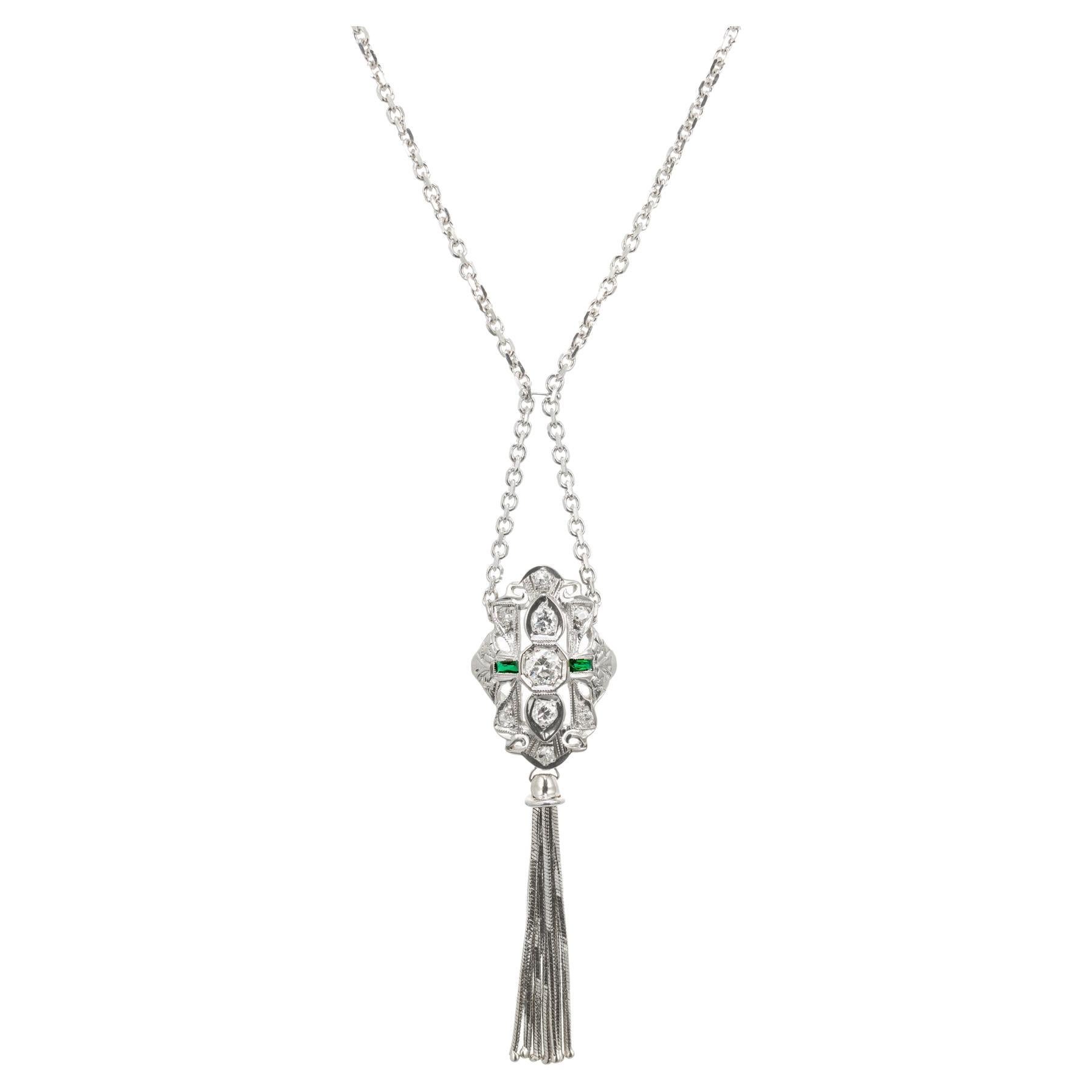 .35 Carat Diamond Synthetic Emerald Gold Tassel Pendant Necklace