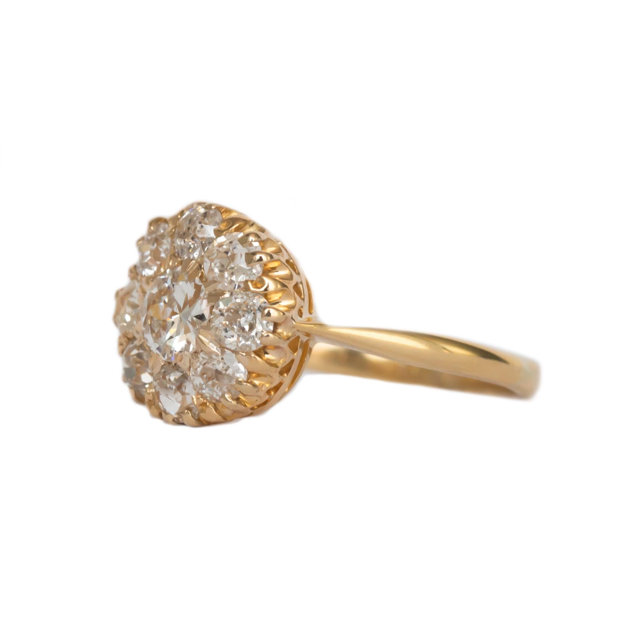 Item Details: 
Ring Size: 5.5
Metal Type: 14K Yellow Gold [Tested]
Weight: 2.9 grams

Center Stone Details:
Weight: .35 carat
Cut: Old European
Color: H
Clarity: VS1

Side Stone Details: 
Shape: Old Mine Brilliant
Total Carat Weight: .65 carat,