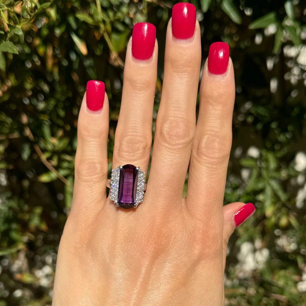 Modernist 3.5 Carat Elongated Fancy Amethyst and Diamond Platinum Statement Cocktail Ring For Sale