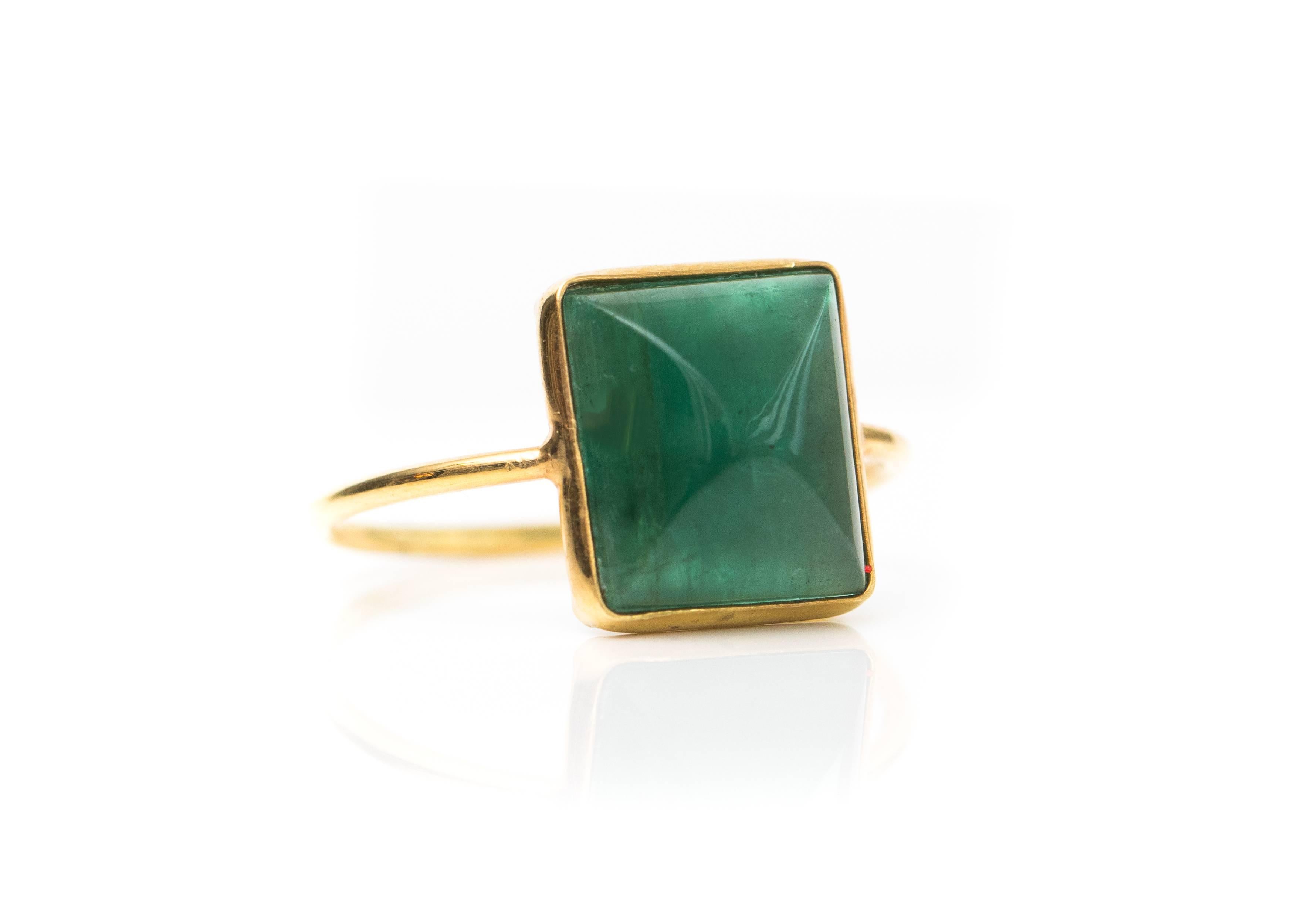 3.5 carat Emerald and 18 Karat Yellow Gold Ring

Features a 3.5 carat deep forest green South American Emerald center stone and 18 Karat Yellow Gold. The stunning rectangular Emerald cabochon center stone is bezel set in a north-south direction.