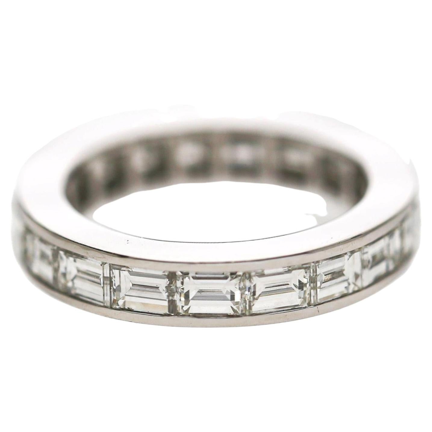 3.5 Carat Emerald Cut East West Diamond Channel Platinum Eternity Wedding Band For Sale