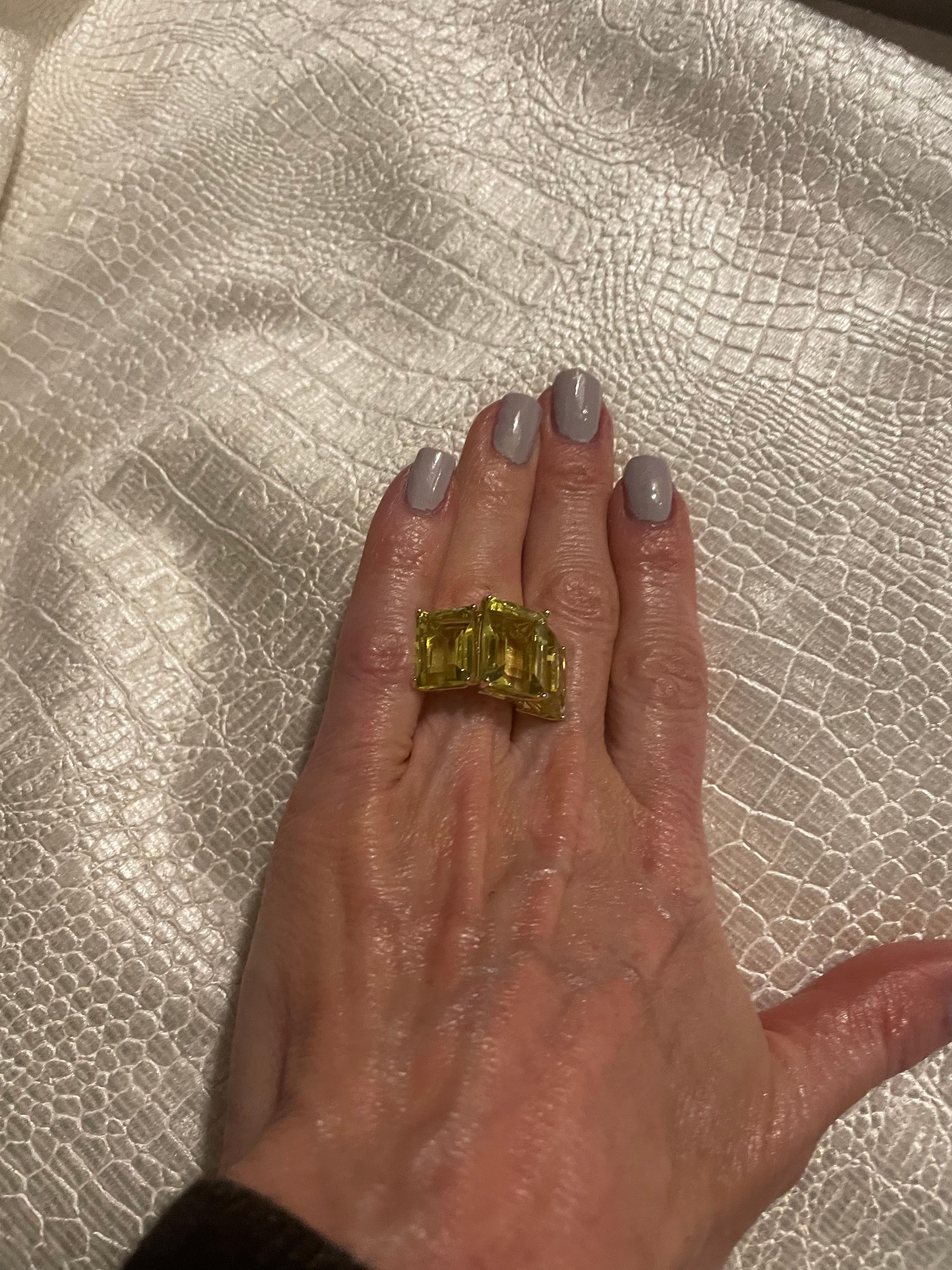 35 Carat Emerald Cut Lemmon Citrine Cocktail Ring In Good Condition For Sale In Dallas, TX