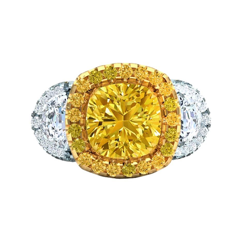 Solitaire, 3.5 Carat Fancy Yellow, Halo Ring,  GIA Certified VS Diamond Ring For Sale
