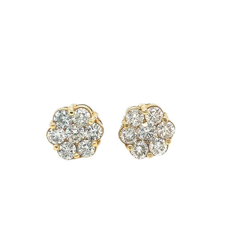 3.5 Carat Flower Cluster Round Diamond Earrings 14k Yellow Gold Screw
