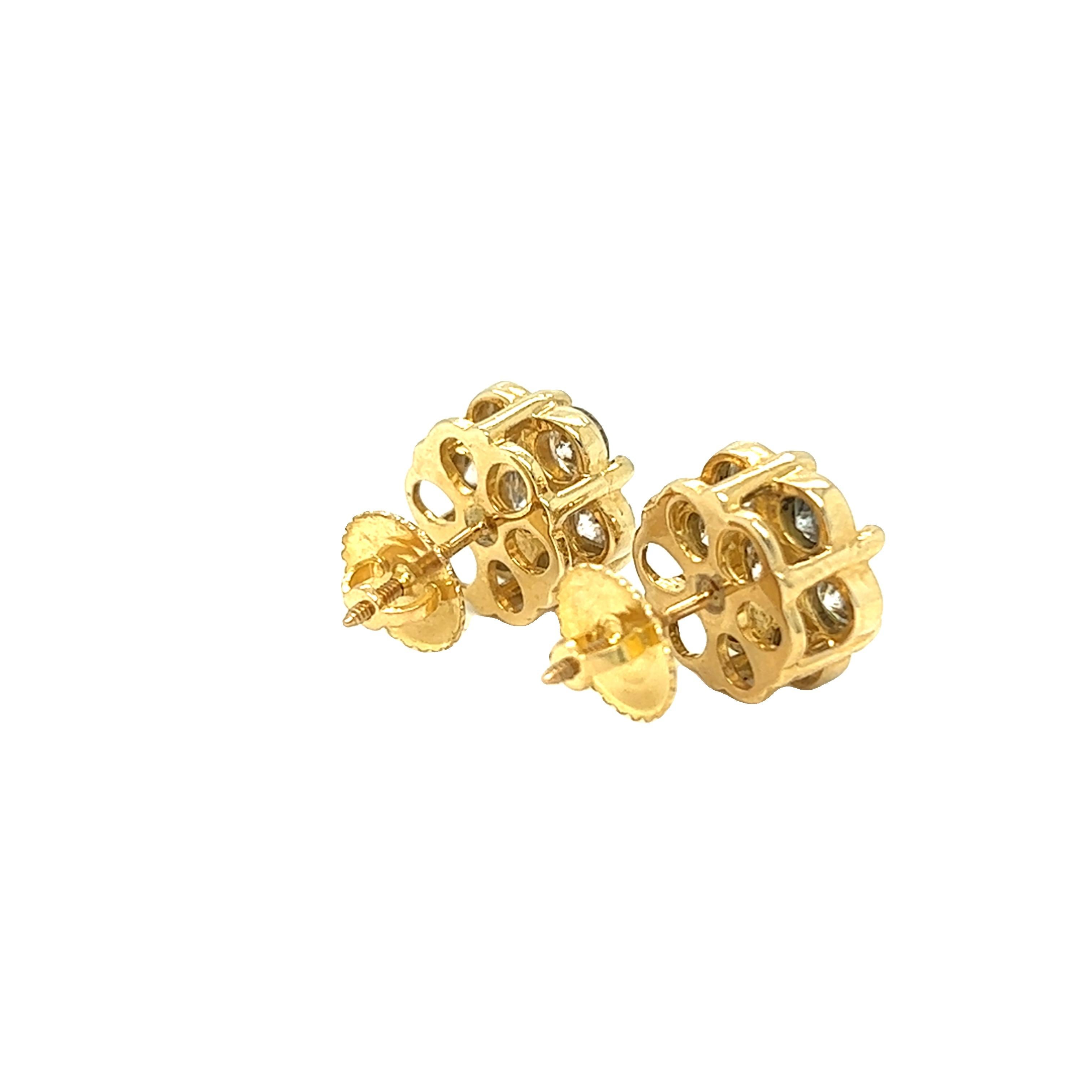 Round Cut 3.5 Carat Flower Cluster Round Diamond Earrings 14k Yellow Gold Screw Back For Sale
