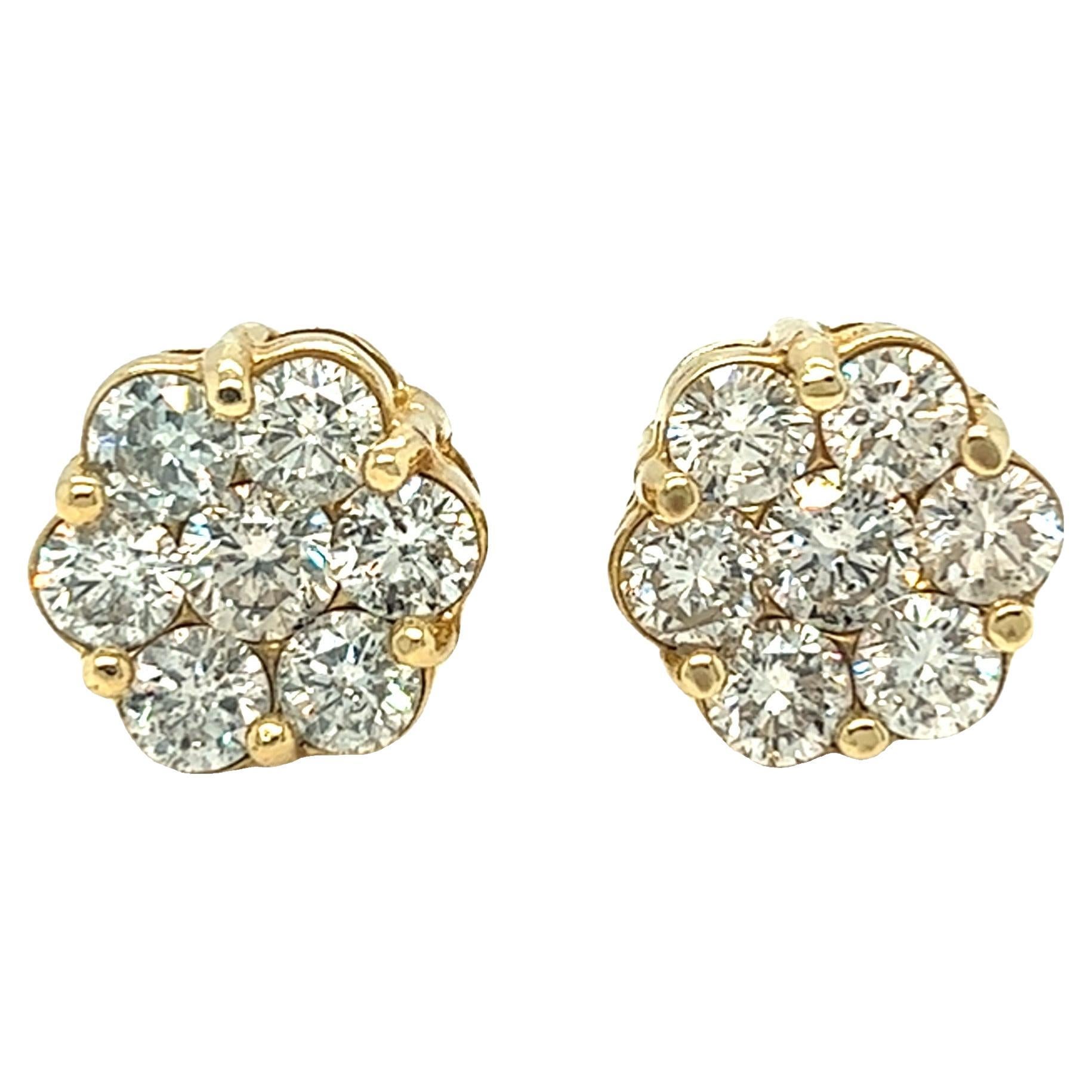 3.5 Carat Flower Cluster Round Diamond Earrings 14k Yellow Gold Screw Back For Sale