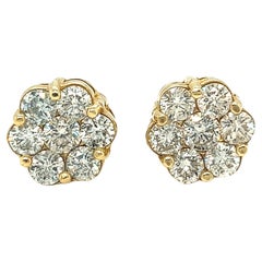 3.5 Carat Flower Cluster Round Diamond Earrings 14k Yellow Gold Screw Back