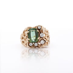 3.5 Carat Green Step Cushion Cut Tourmaline & Diamond 14K Rose Gold Nugget Ring