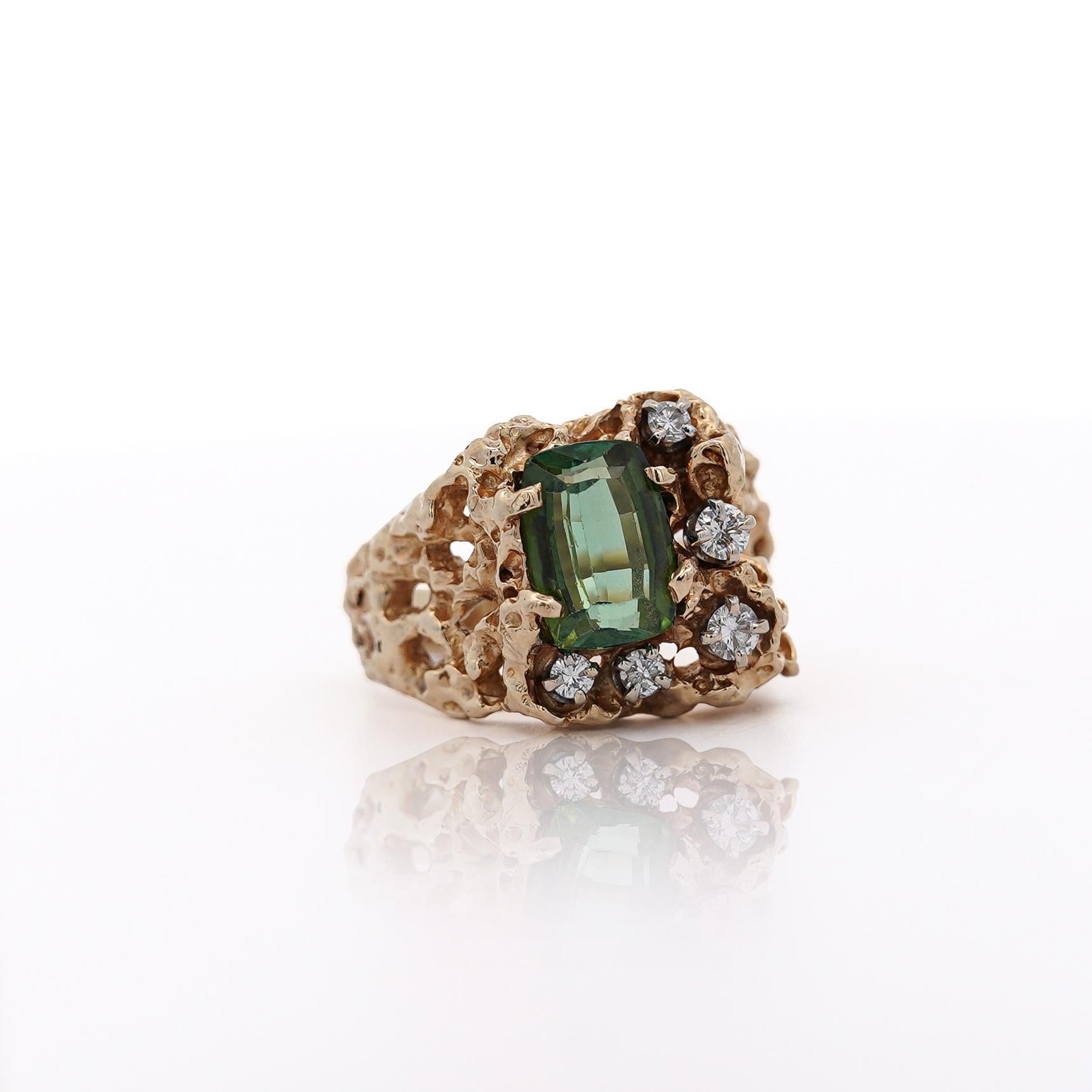 Anillo de pepita de oro rosa de 14 quilates con turmalina verde talla cojín y diamantes de 3,5 quilates en Nuevo estado para la venta en Miami, FL