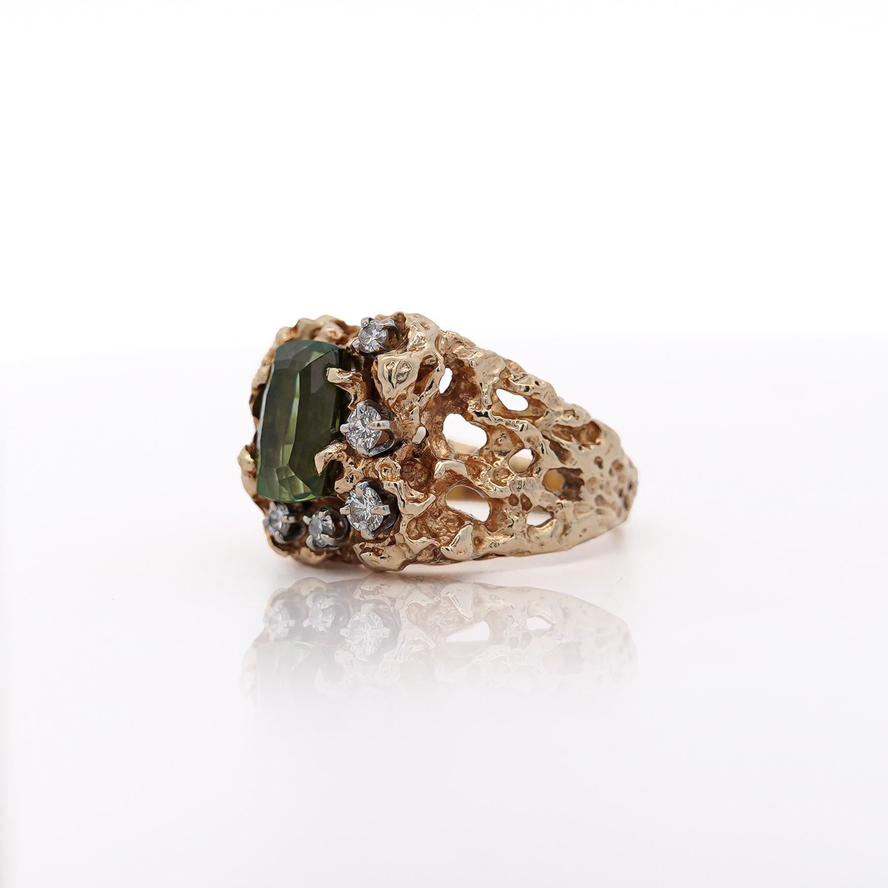 De las mujeres Anillo de pepita de oro rosa de 14 quilates con turmalina verde talla cojín y diamantes de 3,5 quilates en venta