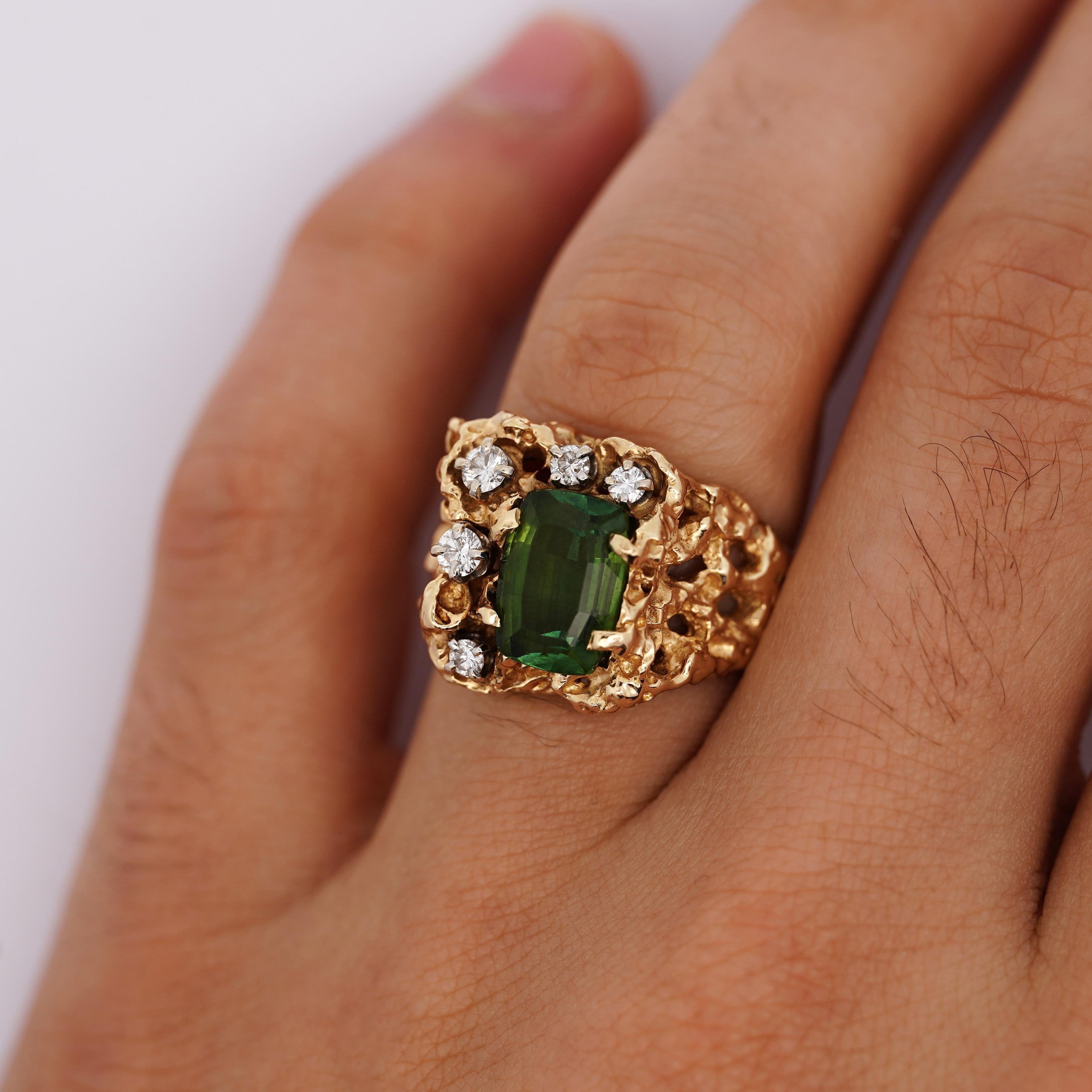 Anillo de pepita de oro rosa de 14 quilates con turmalina verde talla cojín y diamantes de 3,5 quilates en venta 1