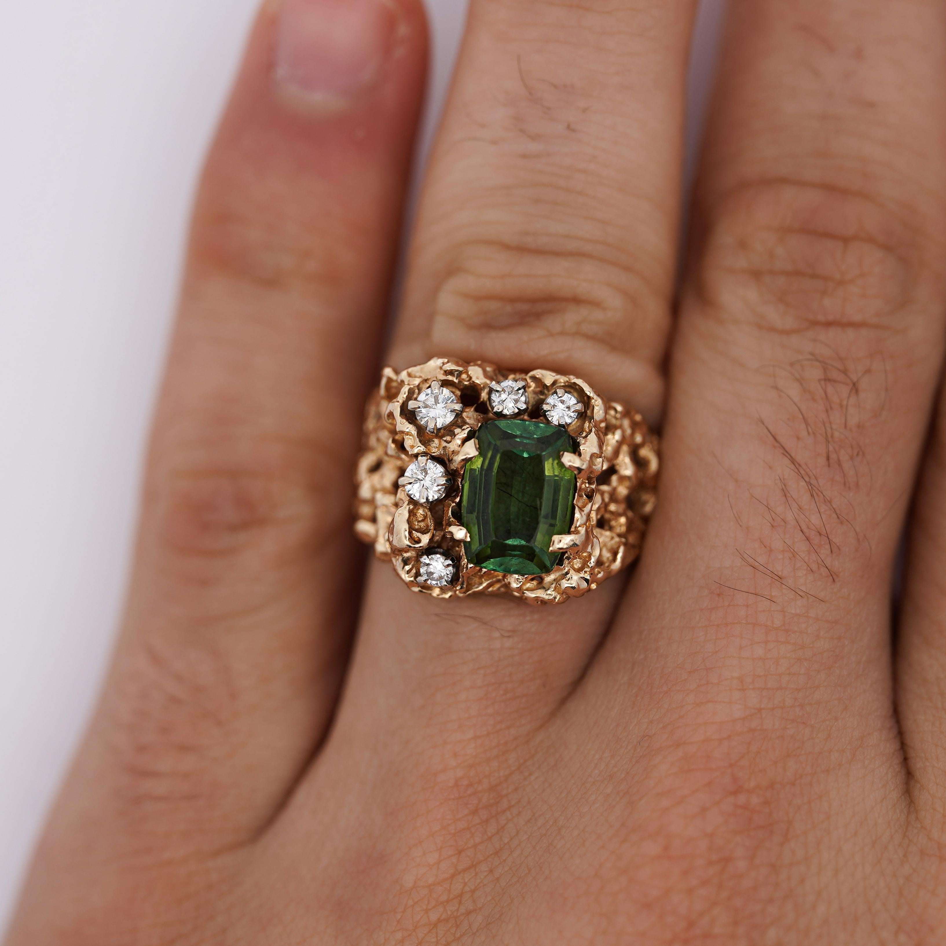 Anillo de pepita de oro rosa de 14 quilates con turmalina verde talla cojín y diamantes de 3,5 quilates en venta 2