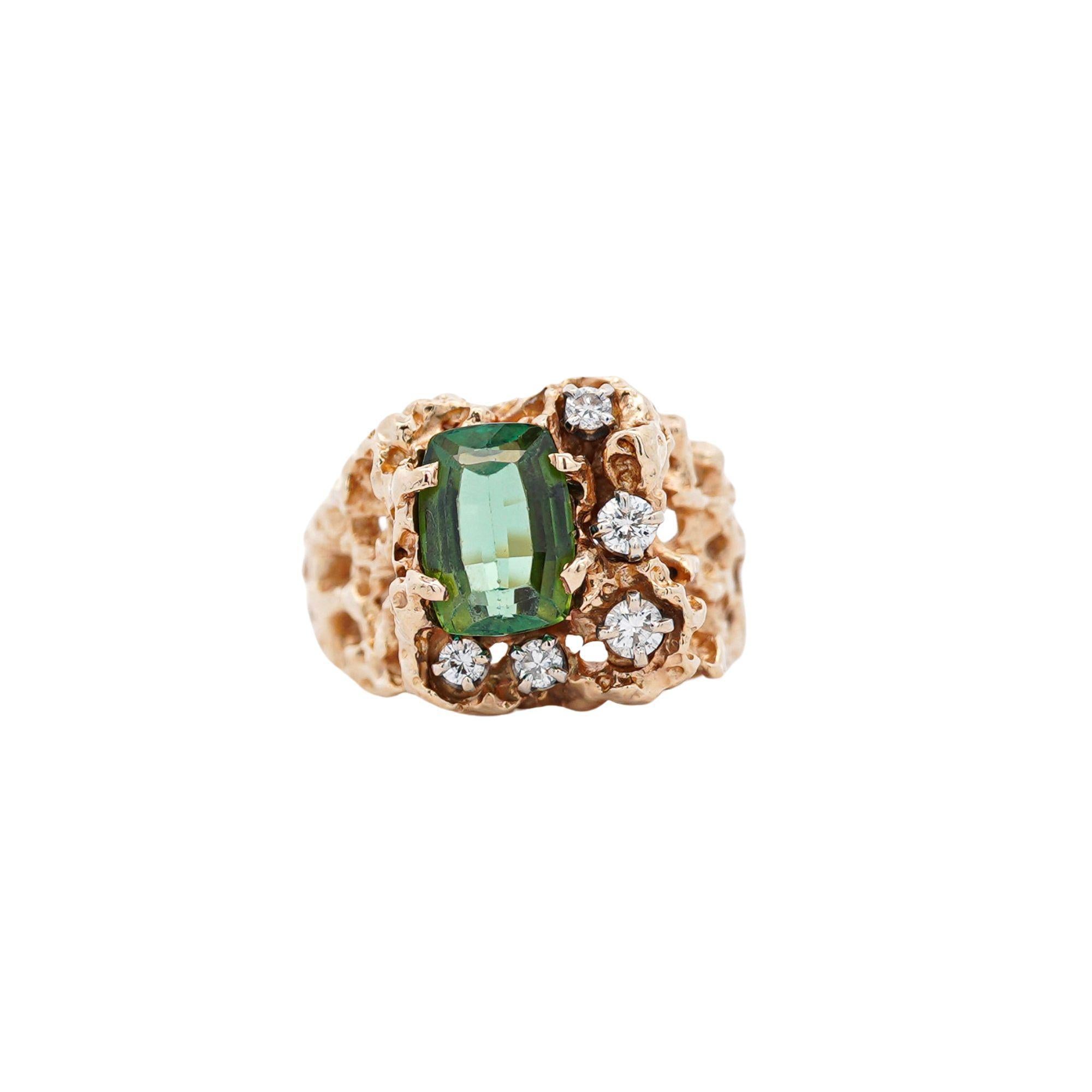 Bague pépite d'or rose 14 carats, tourmaline verte taille coussin de 3,5 carats et diamants en vente 3