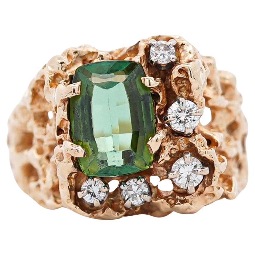 3.5 Carat Green Step Cushion Cut Tourmaline & Diamond 14K Rose Gold Nugget Ring