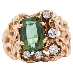 3.5 Carat Green Step Cushion Cut Tourmaline & Diamond 14K Rose Gold Nugget Ring