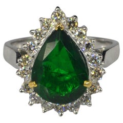 3.5 Carat Halo Pear Cut Emerald Engagement Ring, Art Deco Diamond Wedding Ring