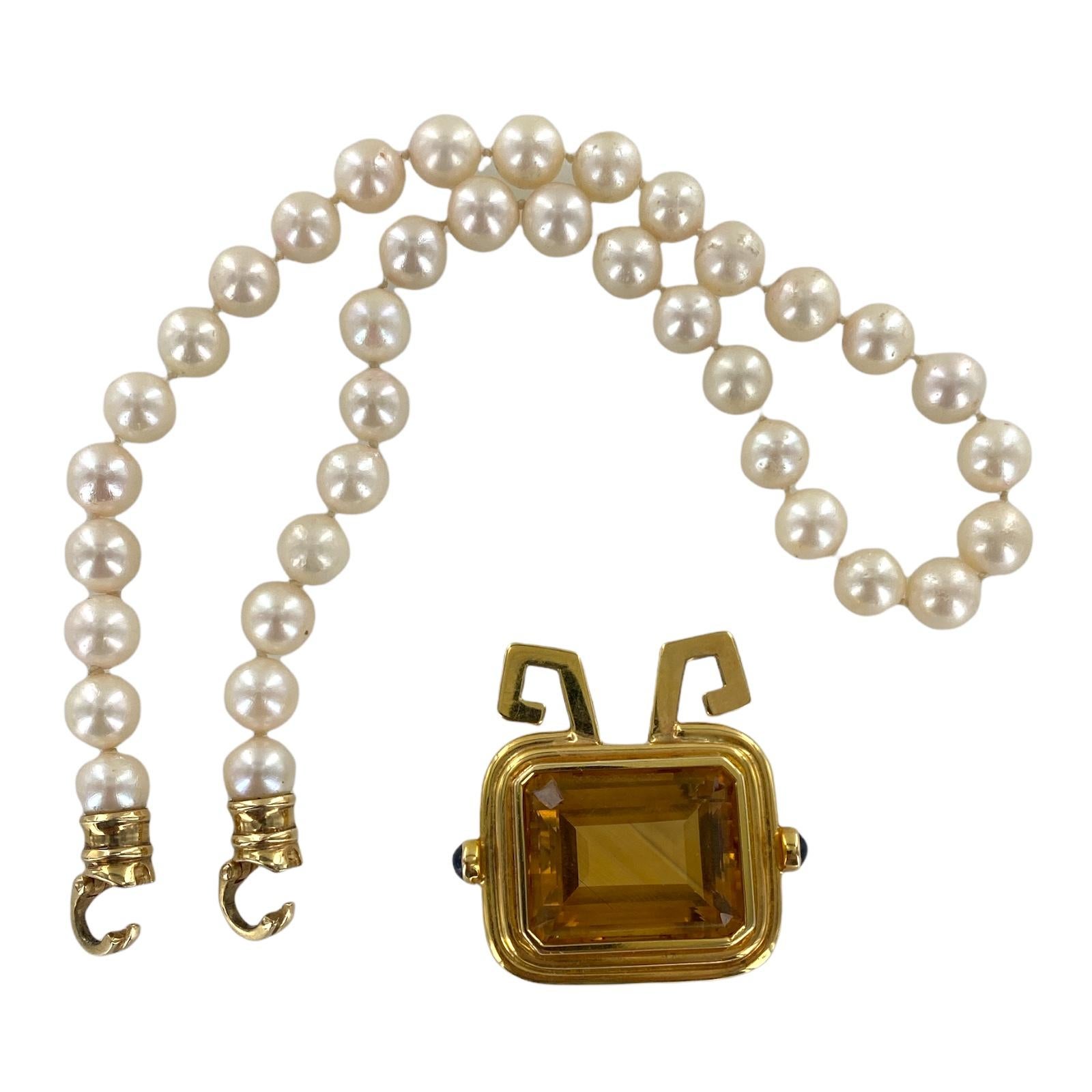 Modern 35 Carat Honey Citrine 18 Karat Yellow Gold Detachable Pendant Pearl Necklace