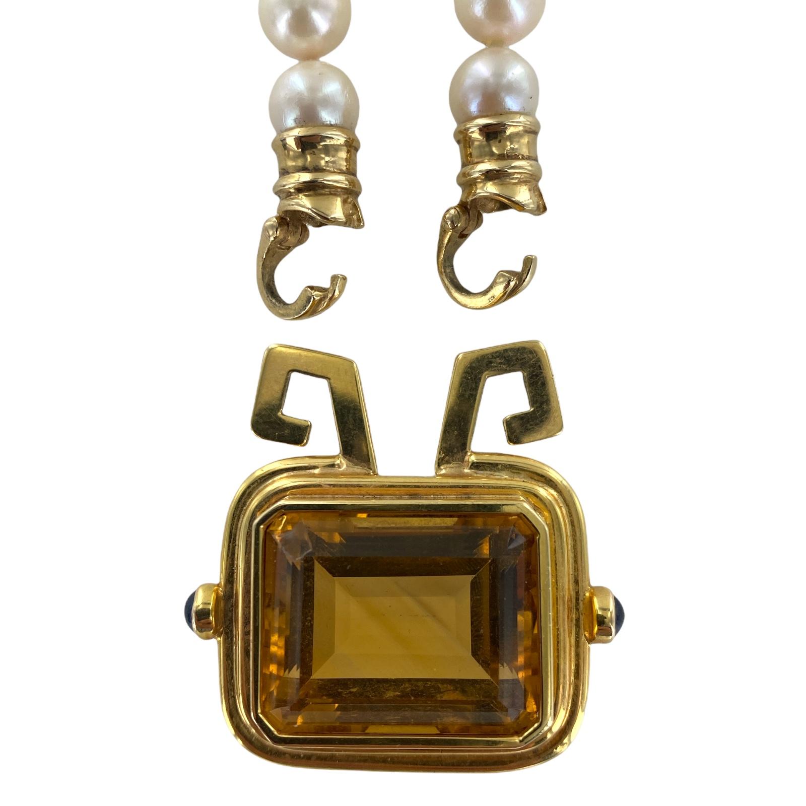 Emerald Cut 35 Carat Honey Citrine 18 Karat Yellow Gold Detachable Pendant Pearl Necklace