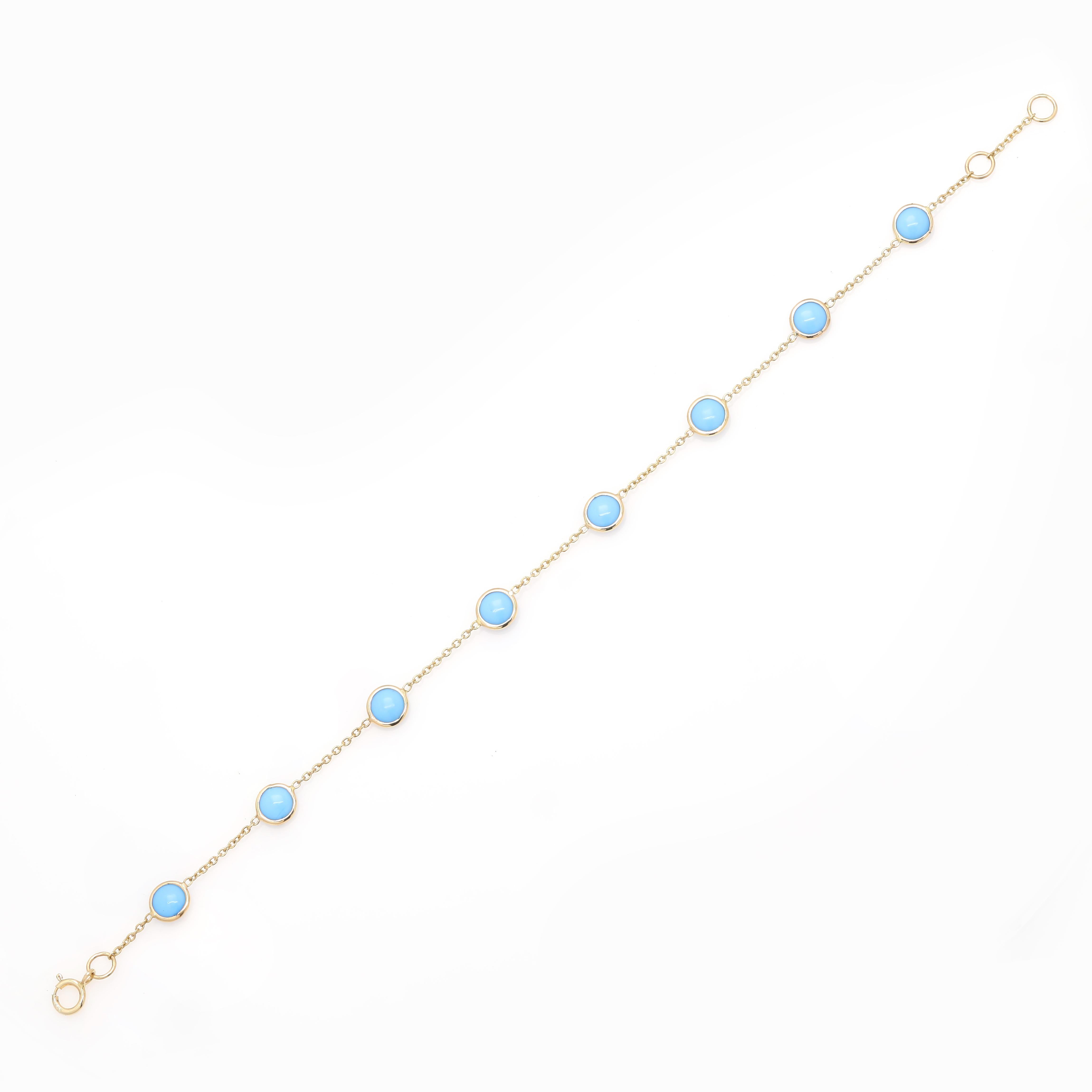 This Minimalist Turquoise Station Chain Bracelet in 18K gold showcases 8 endlessly natural turquoise, weighing 3.5 carat. It measures 7 inches long in length. 
Turquoise helps to enhance communication and expression. 
Designed with perfect round cut
