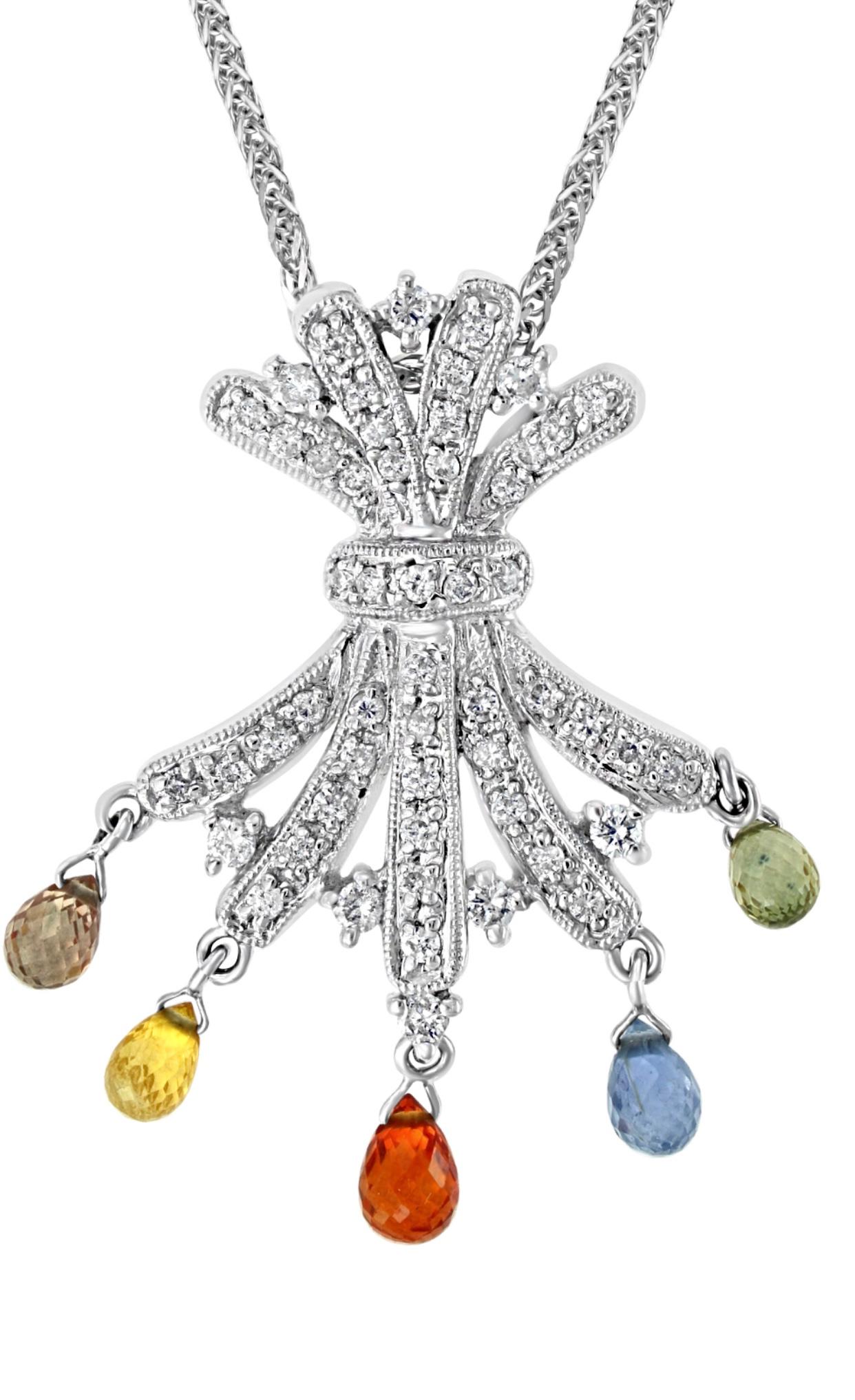 1.5 Carat Multi Sapphire  Briolettes Pendant /Necklace 18 Karat Gold Estate For Sale 3