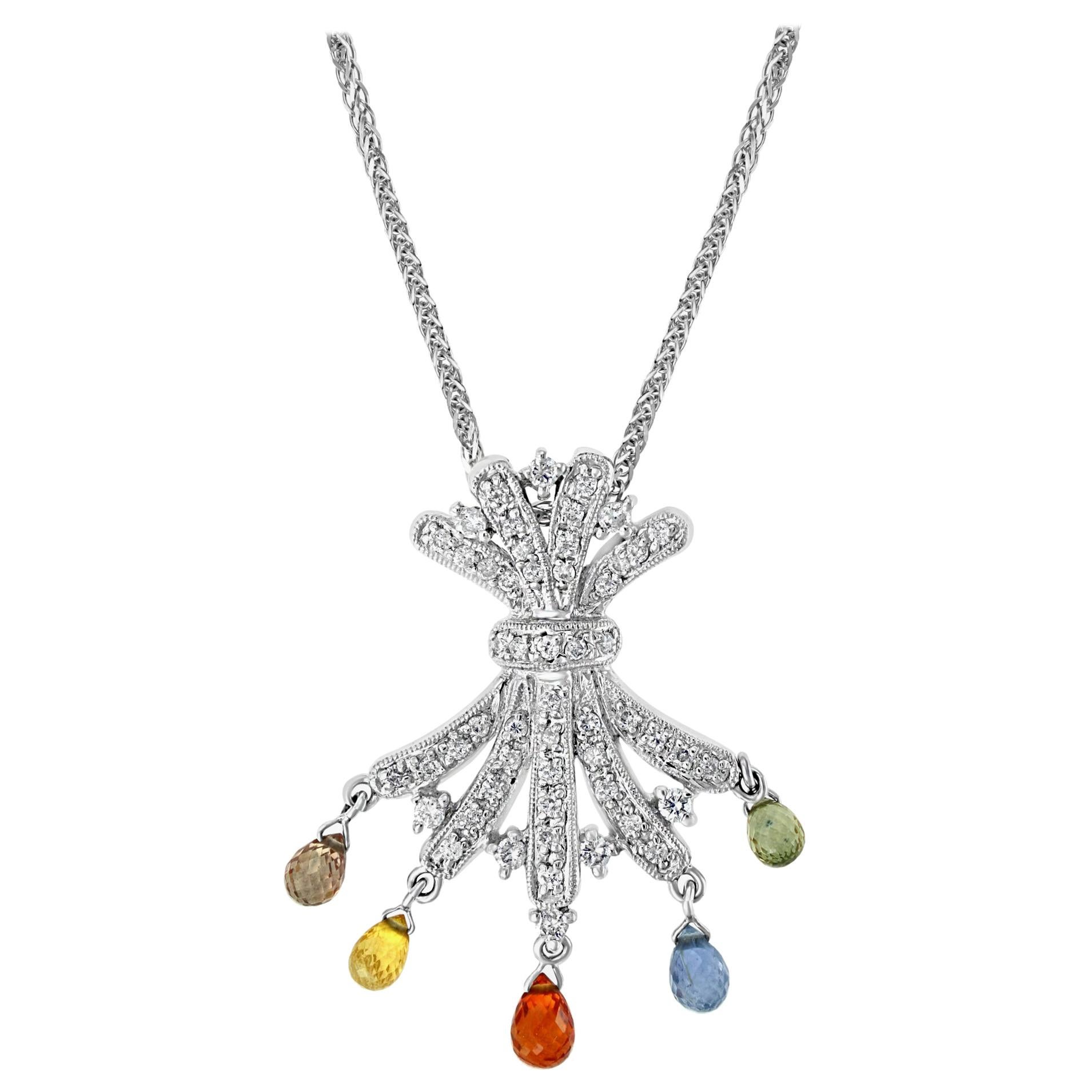 1.5 Carat Multi Sapphire  Briolettes Pendant /Necklace 18 Karat Gold Estate For Sale