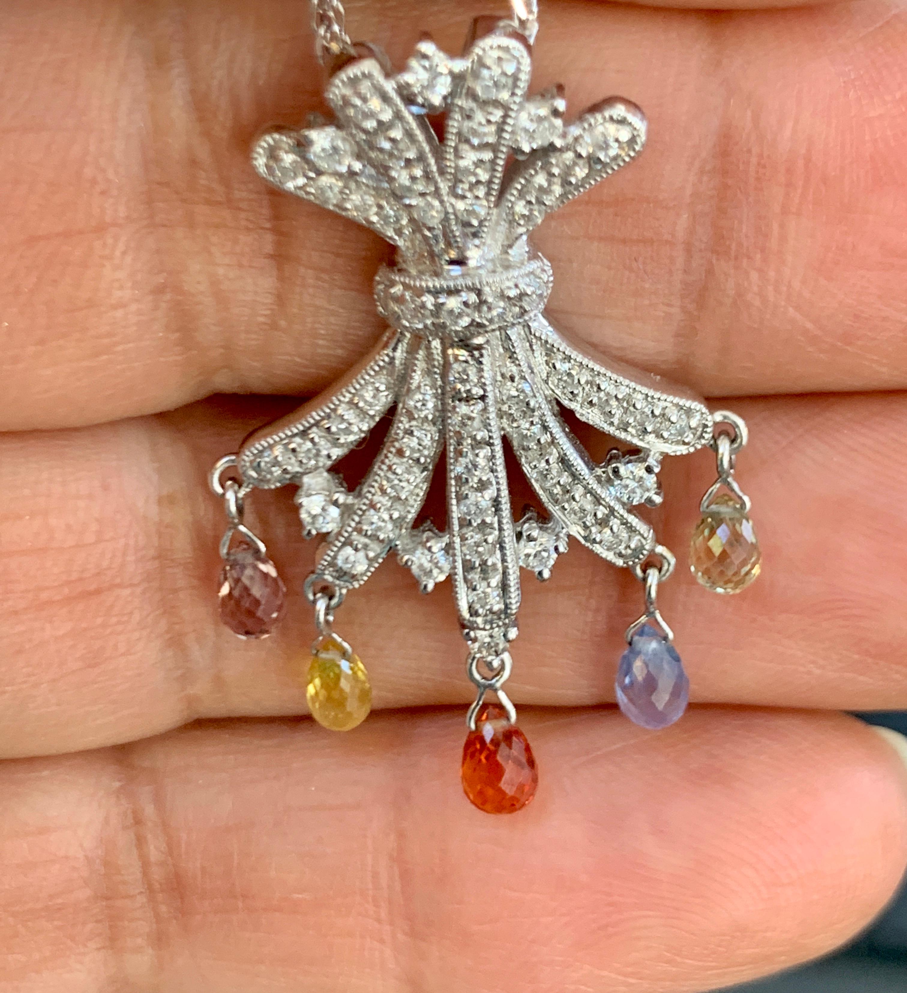 Approximately  1.5 Carat Multi Sapphire   Briolettes Pendant /Necklace 18 Kt White  Gold Estate, 
This spectacular Pendant Necklace  consisting of Multi color of natural sapphires  Briolettes
very clean Stone no inclusion   , full of luster and