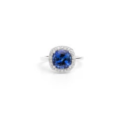3.5ct Cushion-Cut AAA Tanzanite & Diamond Halo Engagement Ring in 18K White Gold