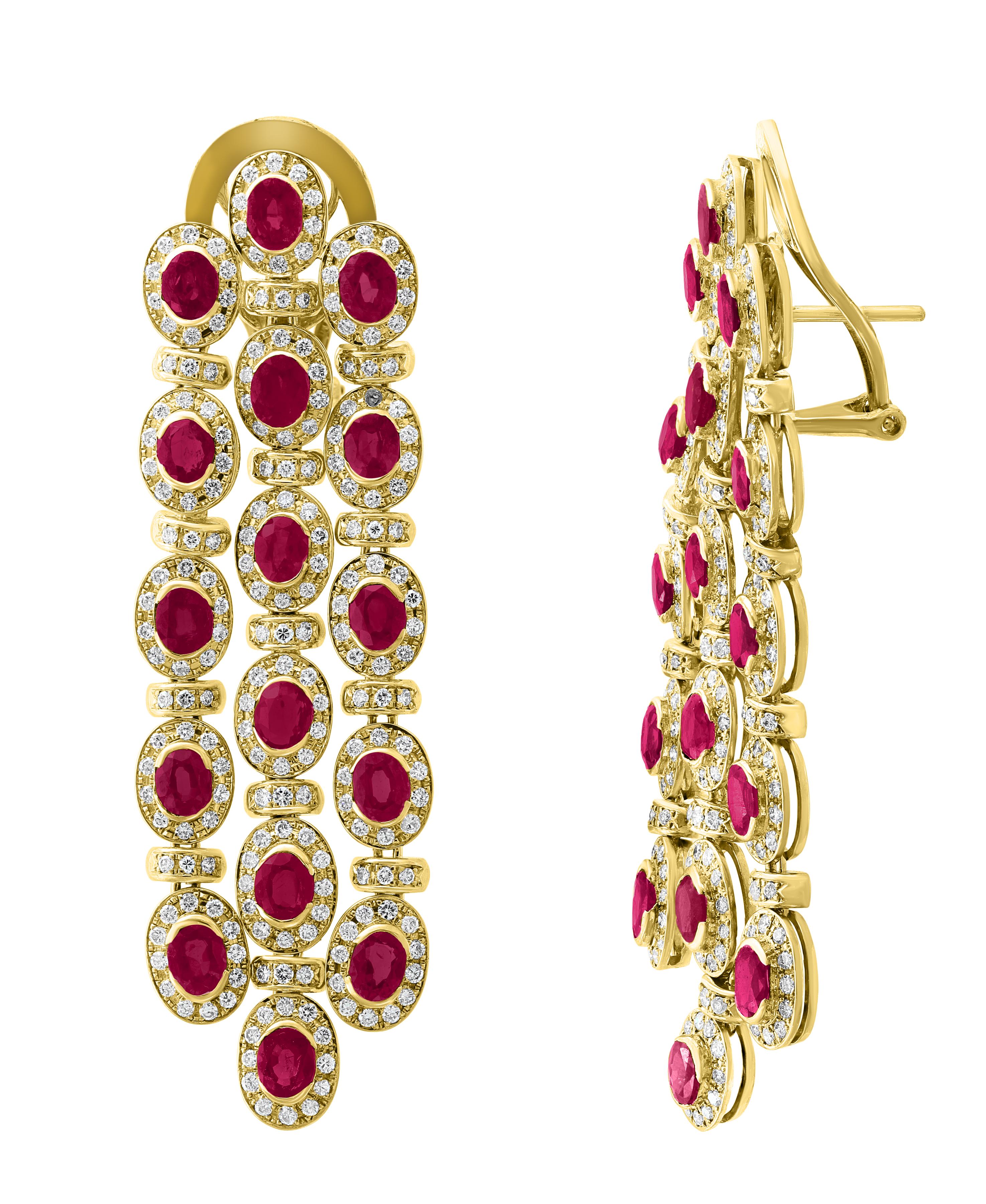 16 Ct Natural Burma Ruby & 10 Ct  Diamond Hanging/Drop Earrings 18 Kt Gold 35 Gm
This exquisite pair of earrings are beautifully crafted with 18 karat Yellow gold weighing    
35 grams
Three rows of Natural Burma ruby with with no color enhancement