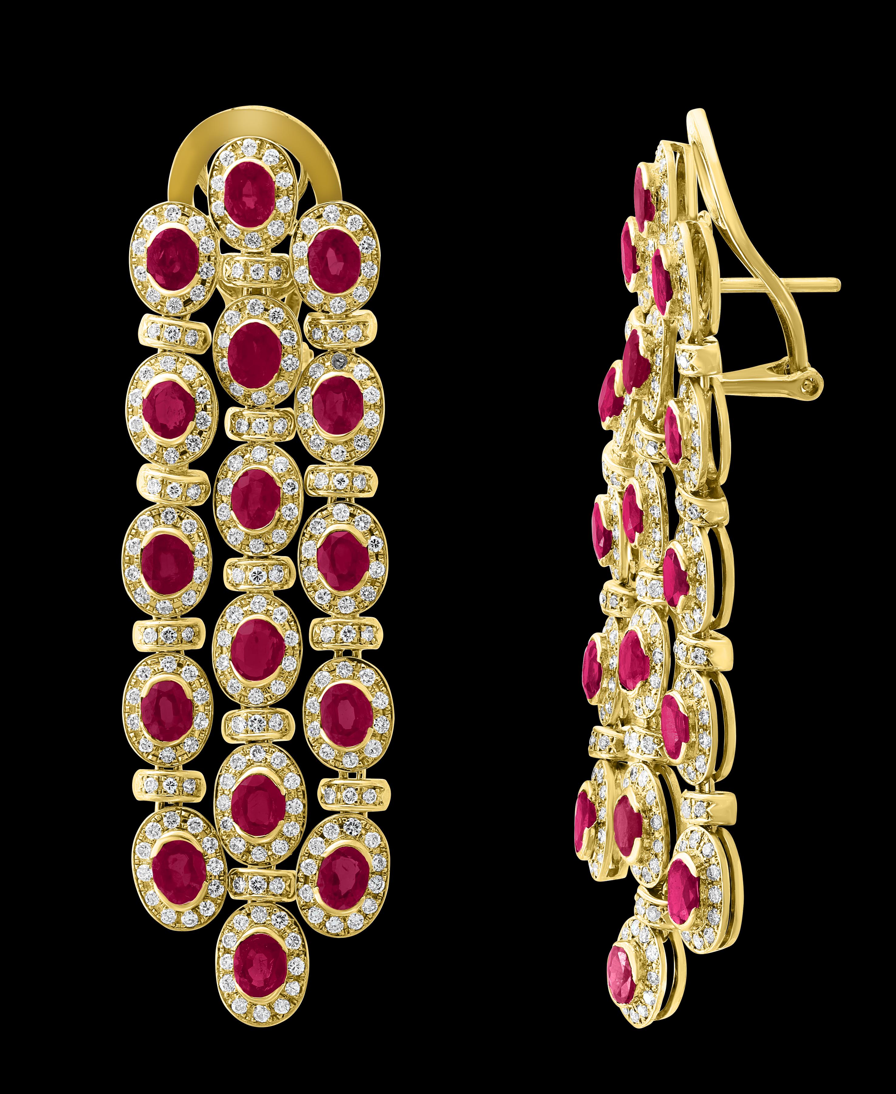 Oval Cut 16 Ct Natural Burma Ruby & 10 Ct  Diamond Hanging/Drop Earrings 18 Kt Gold 35 Gm For Sale