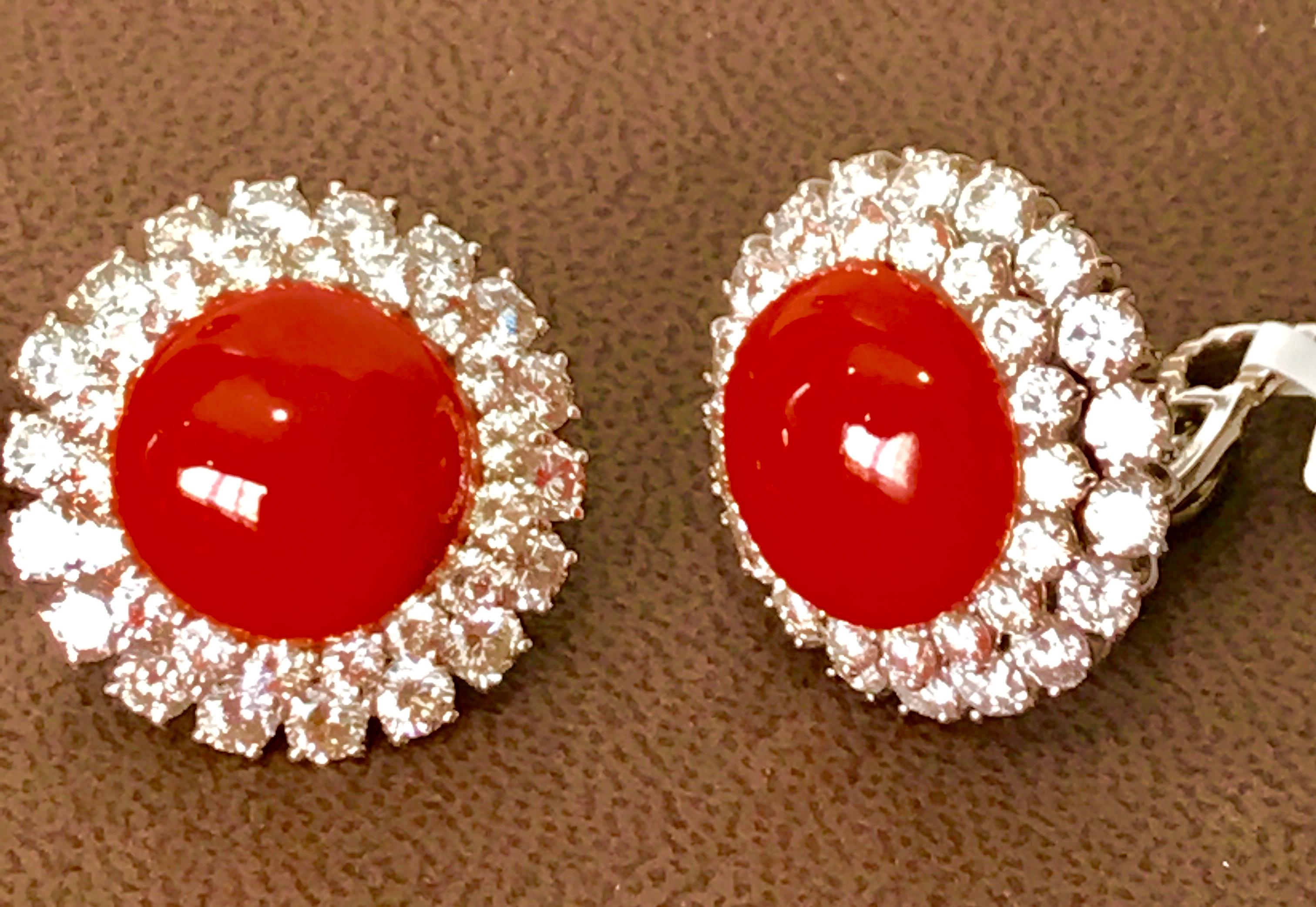 Round Cut 35 Carat Natural Coral and 12 Carat DeBeers Diamond Cocktail Earring in Platinum For Sale