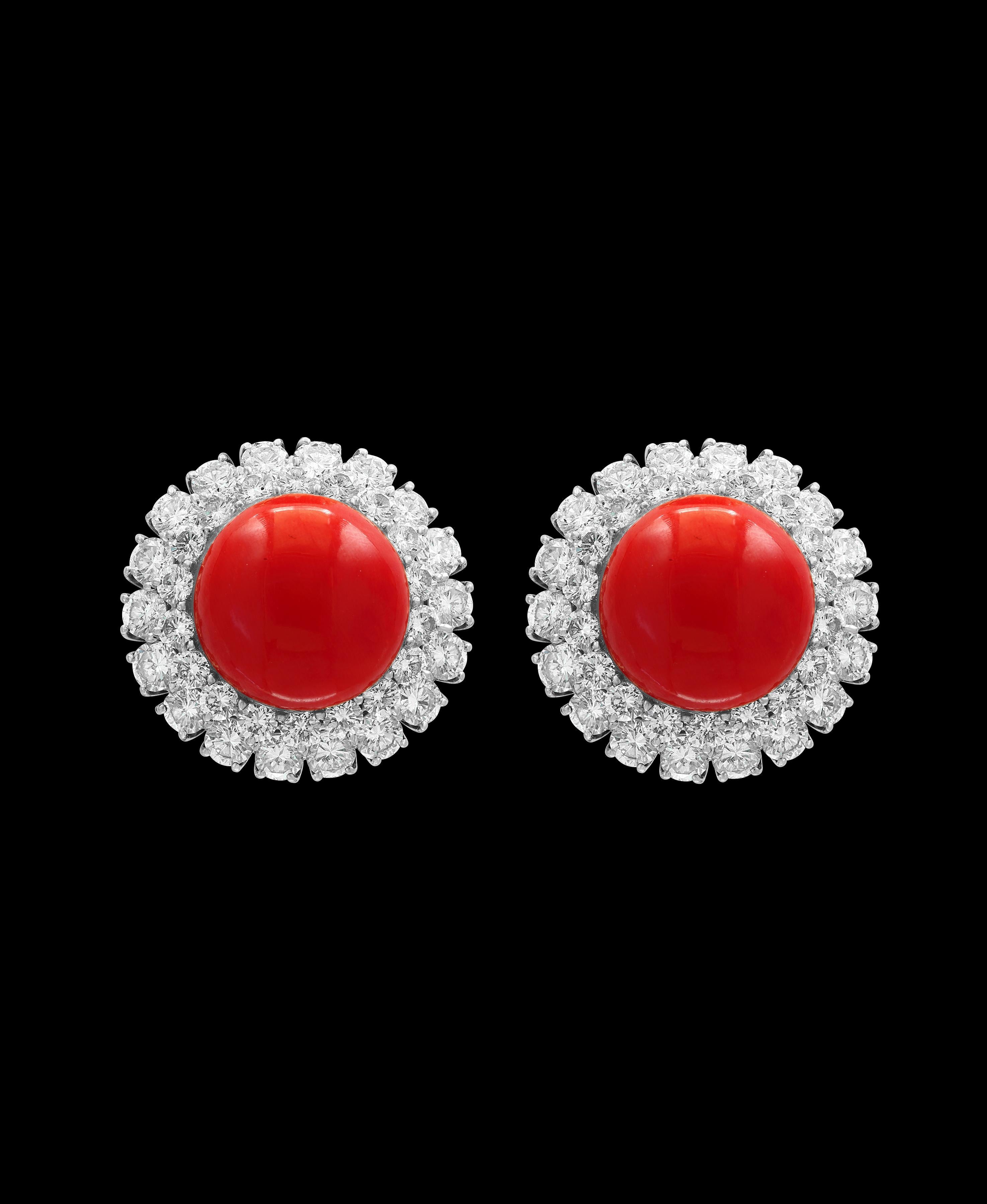 35 Carat Natural Coral and 12 Carat DeBeers Diamond Cocktail Earring in Platinum In Excellent Condition For Sale In New York, NY