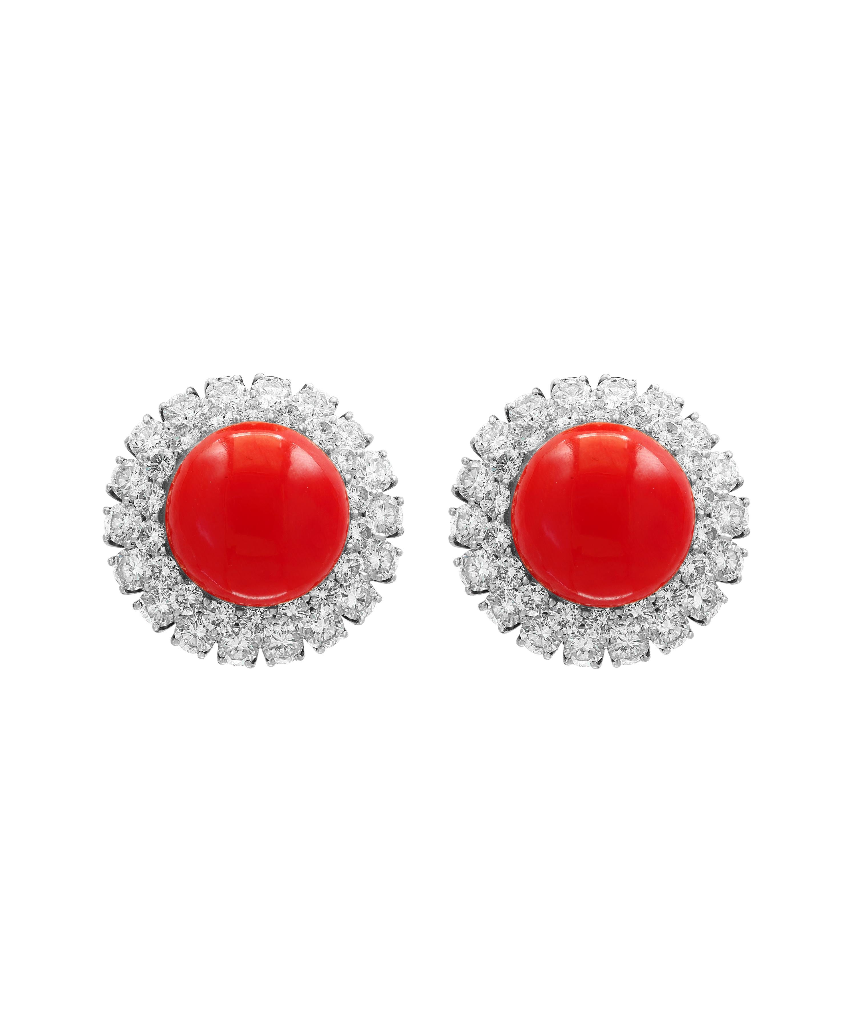 35 Carat Natural Coral and 12 Carat DeBeers Diamond Cocktail Earring in Platinum For Sale 1