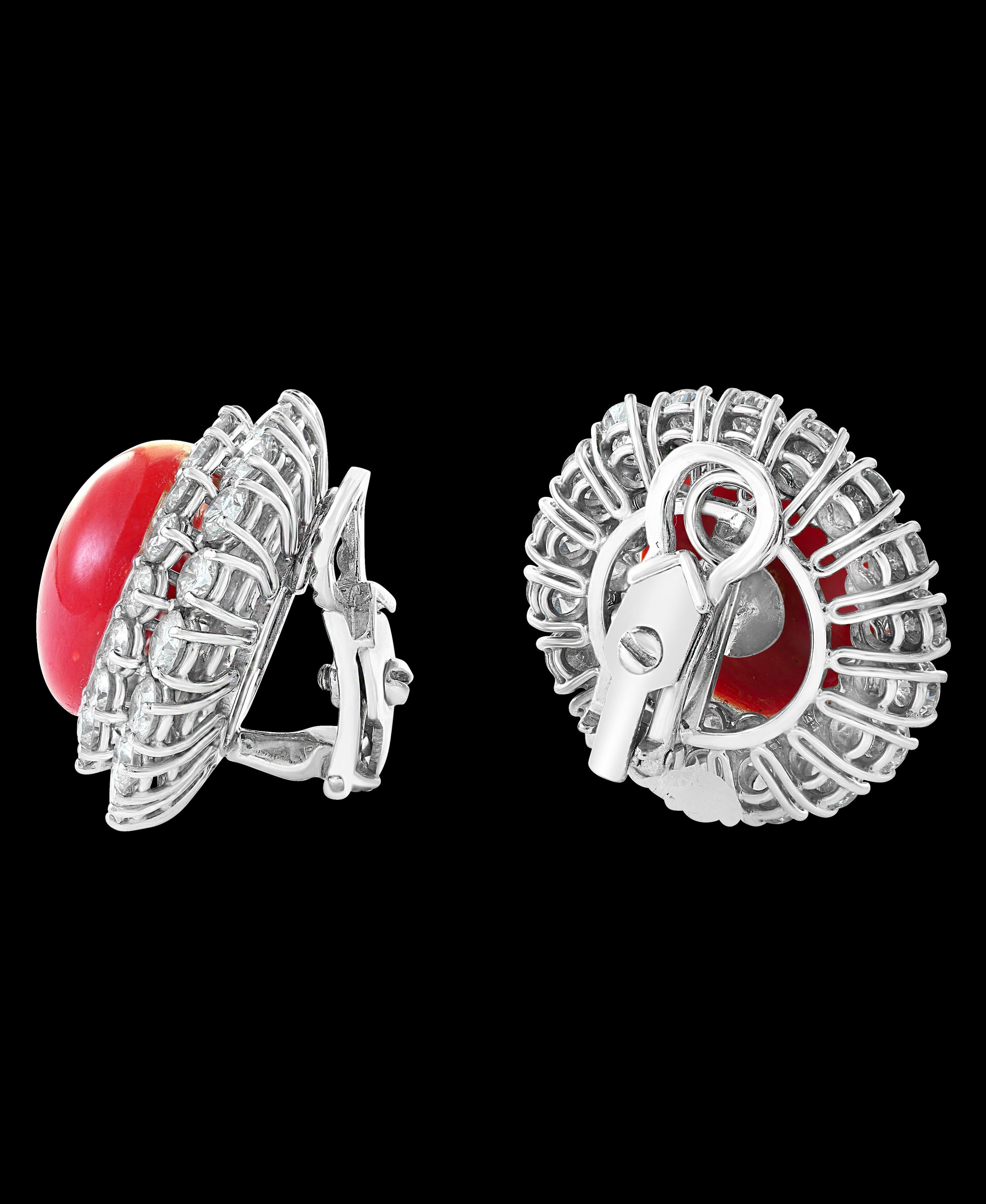 35 Carat Natural Coral and 12 Carat DeBeers Diamond Cocktail Earring in Platinum For Sale 2