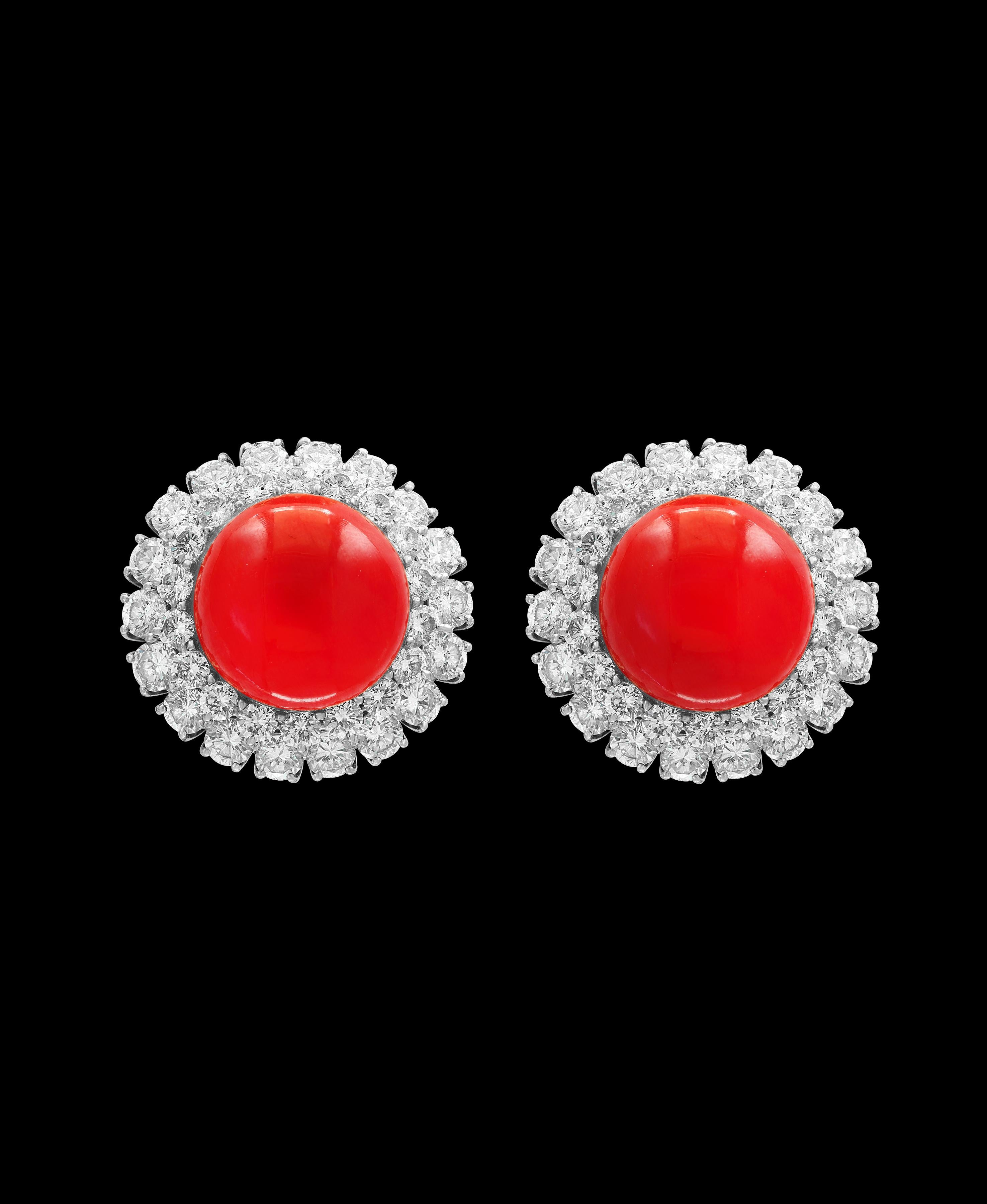35 Carat Natural Coral and 12 Carat DeBeers Diamond Cocktail Earring in Platinum For Sale 3
