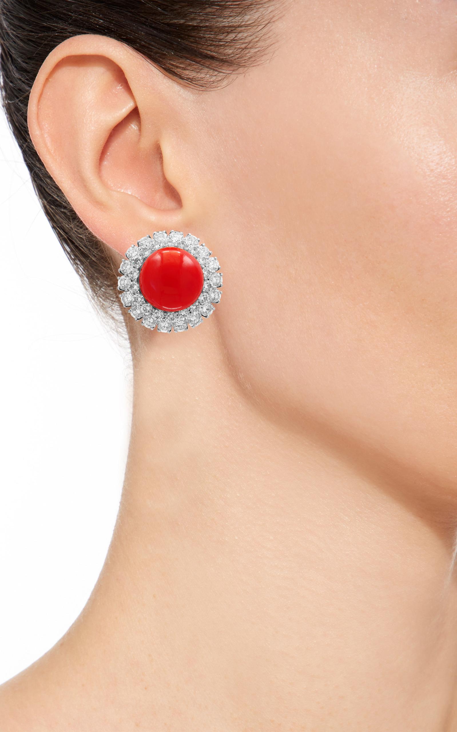 35 Carat Natural Coral and 12 Carat DeBeers Diamond Cocktail Earring in Platinum For Sale 4