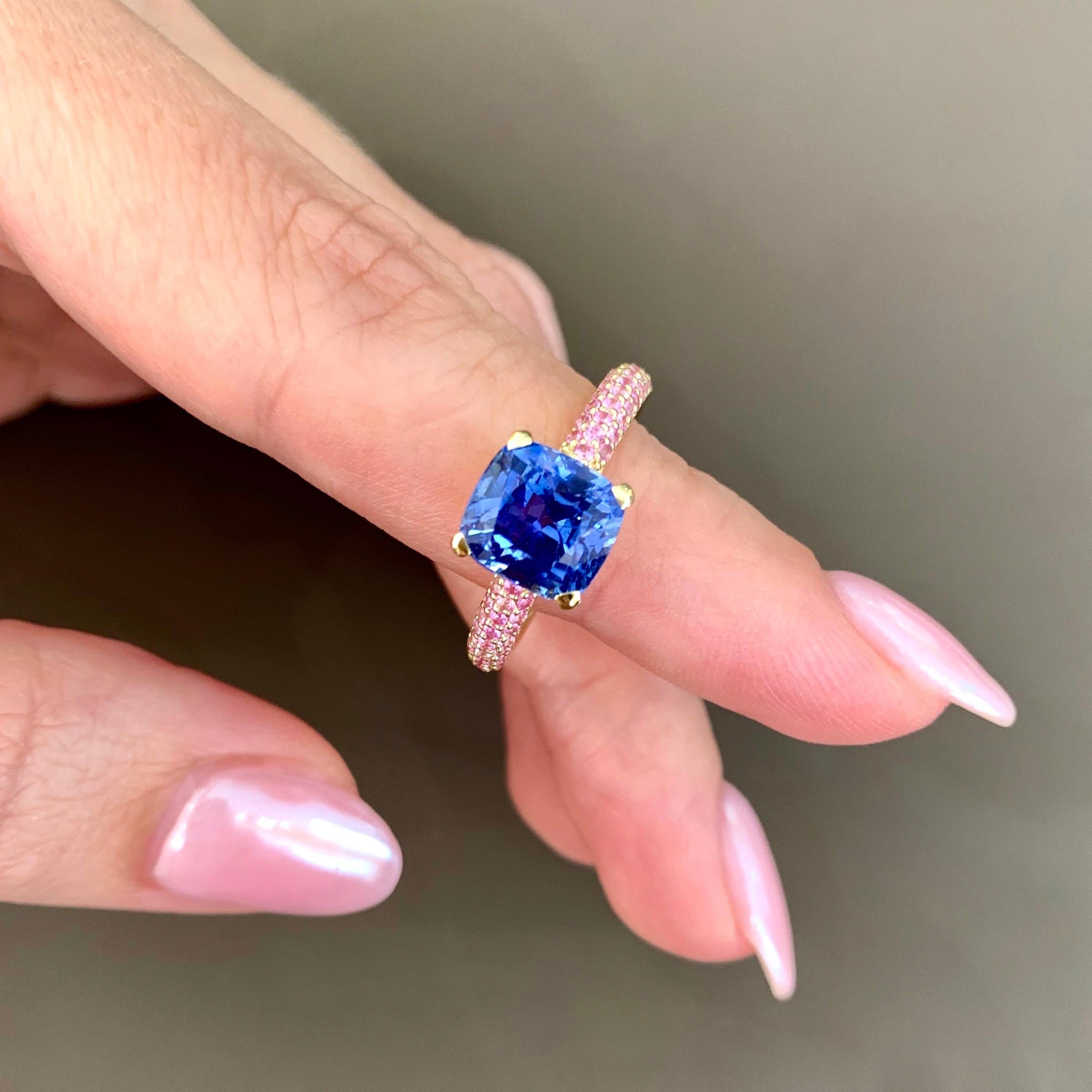 What can be more beautiful than cornflower blue natural sapphire, 
only blue sapphire together with small pink sapphires. 
You could see how nice and delicate they are looking together. 
Pink pave gives to this ring unusual and fresh look. 
If you