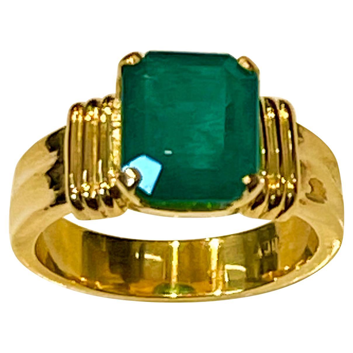 3.5 Carat Natural Emerald Cut Emerald Ring 18 Karat Yellow Gold
