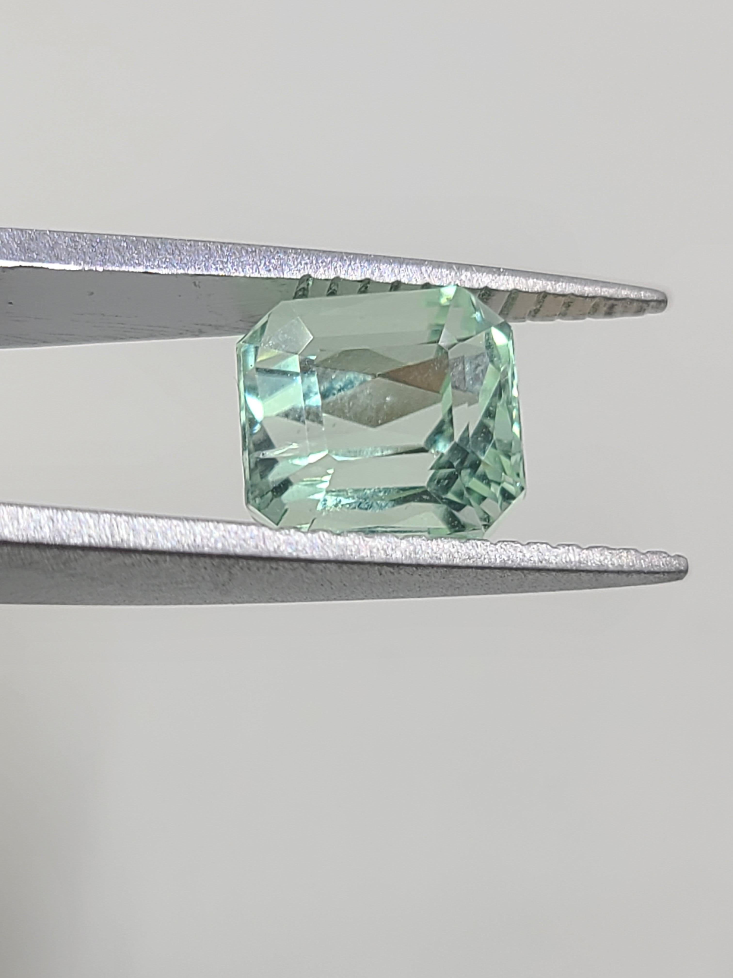 This high-quality Mozambique tourmaline exhibits a light shade of bluish-green, reminiscent of the aqua color of ocean water.

This single loose Mozambique tourmaline measures  8X7.50mm with a desirable octagon shape. 

Set this beautiful and unique