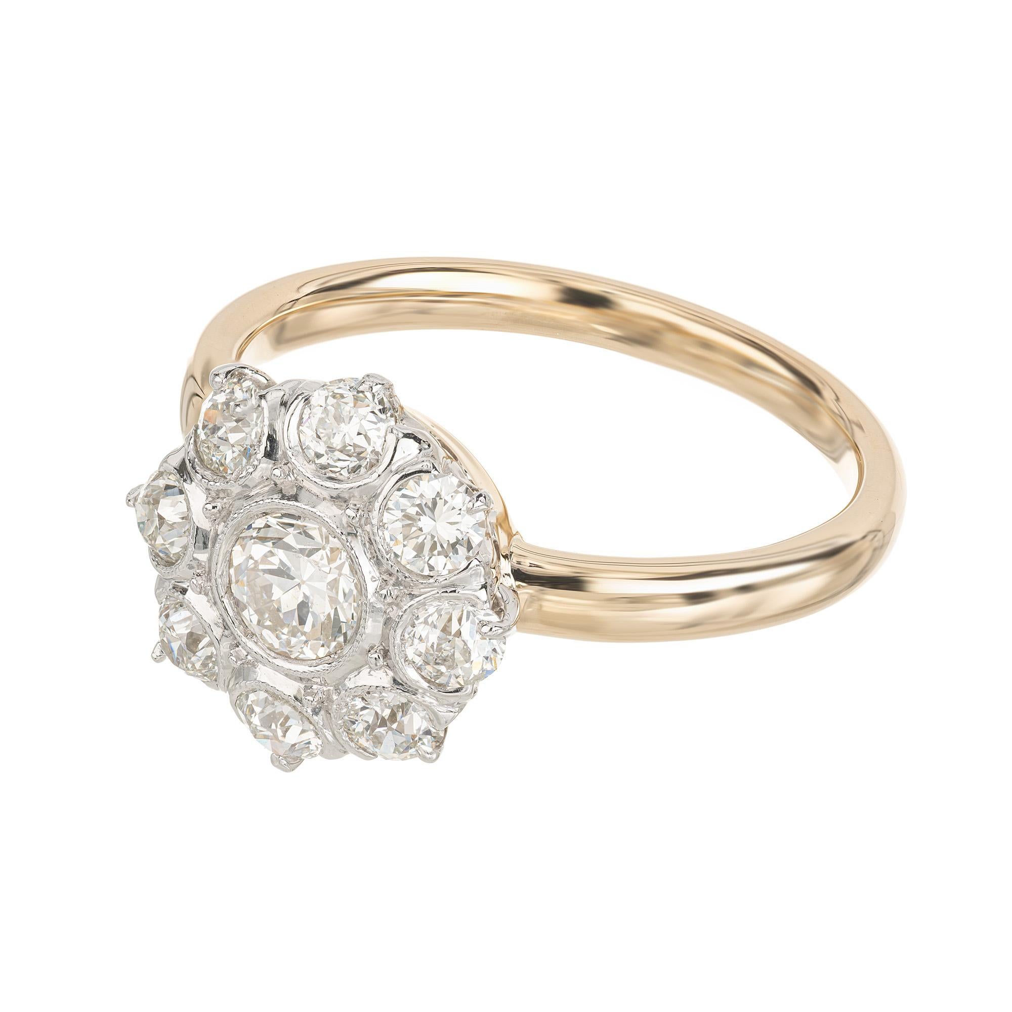 Old European Cut .35 Carat Old European Diamond Halo Two Tone Cluster Ring For Sale