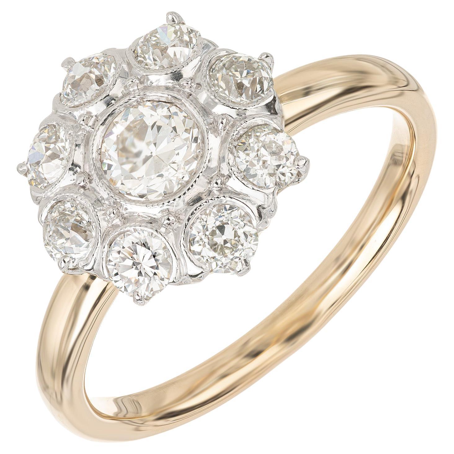 .35 Carat Old European Diamond Halo Two Tone Cluster Ring